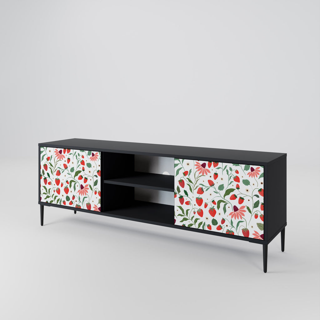 FLOWERS AND STRAWBERRIES 2-Door TV Stand in Black Finish