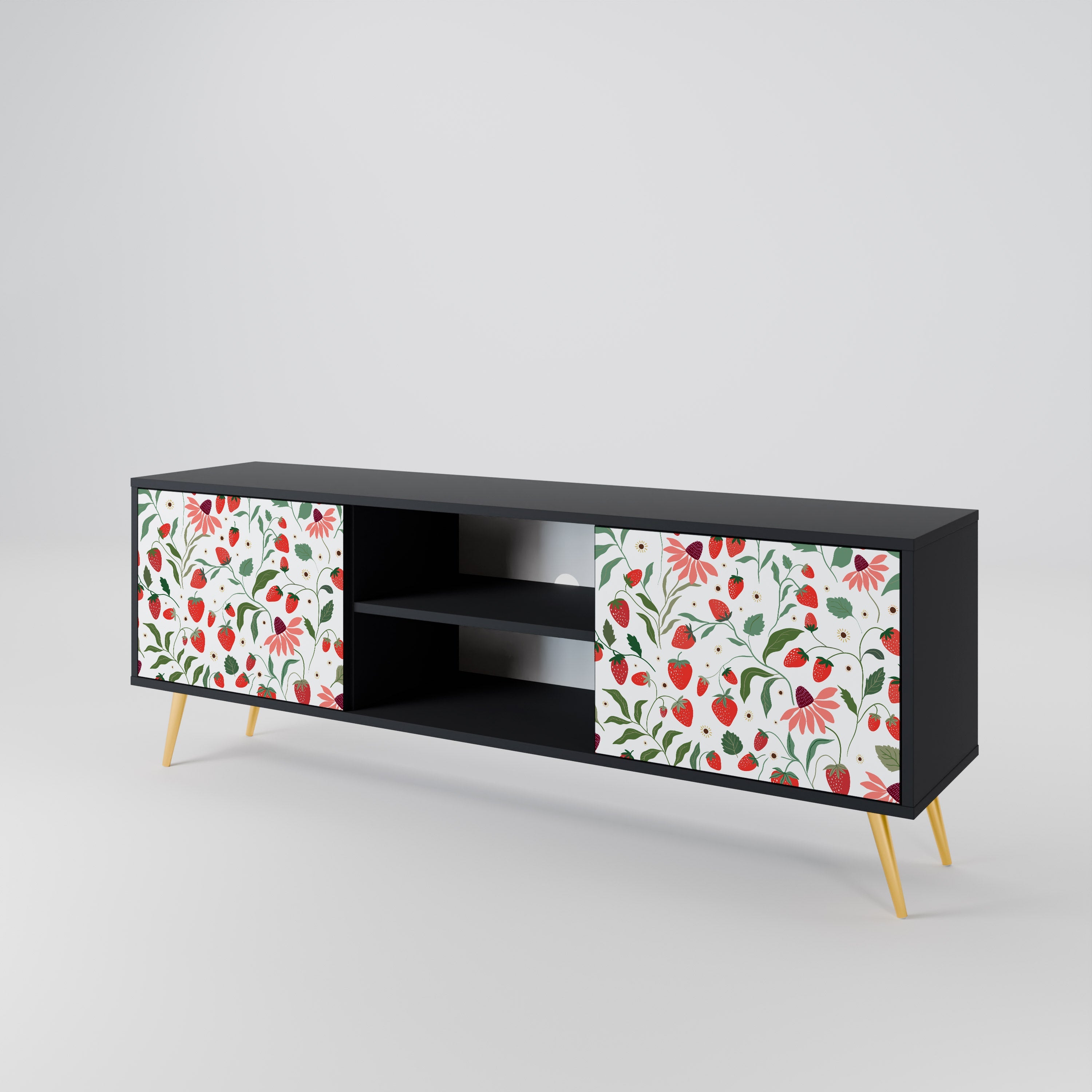 FLOWERS AND STRAWBERRIES 2-Door TV Stand in Black Finish