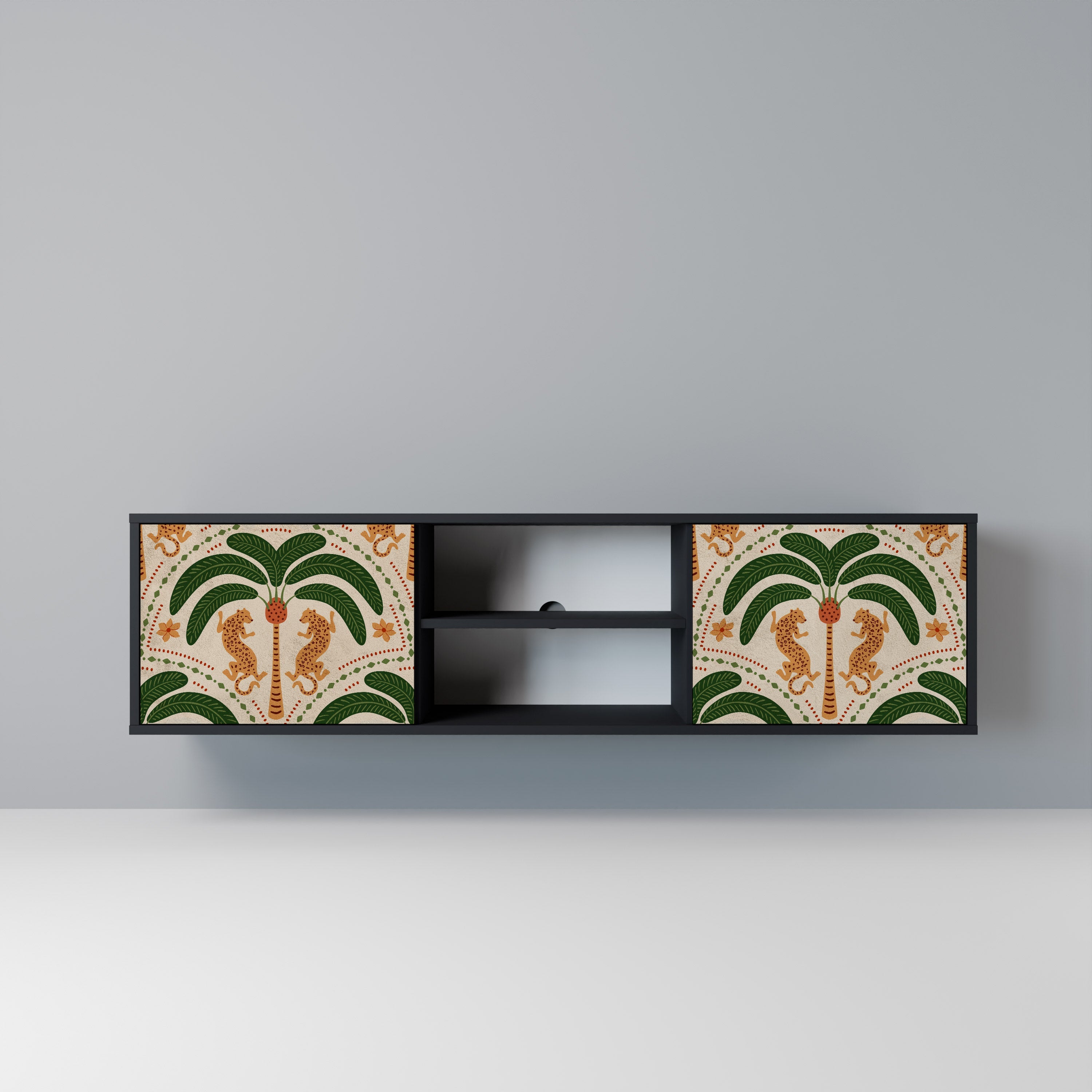 DANCING PREDATORS 2-Door TV Stand in Black Finish