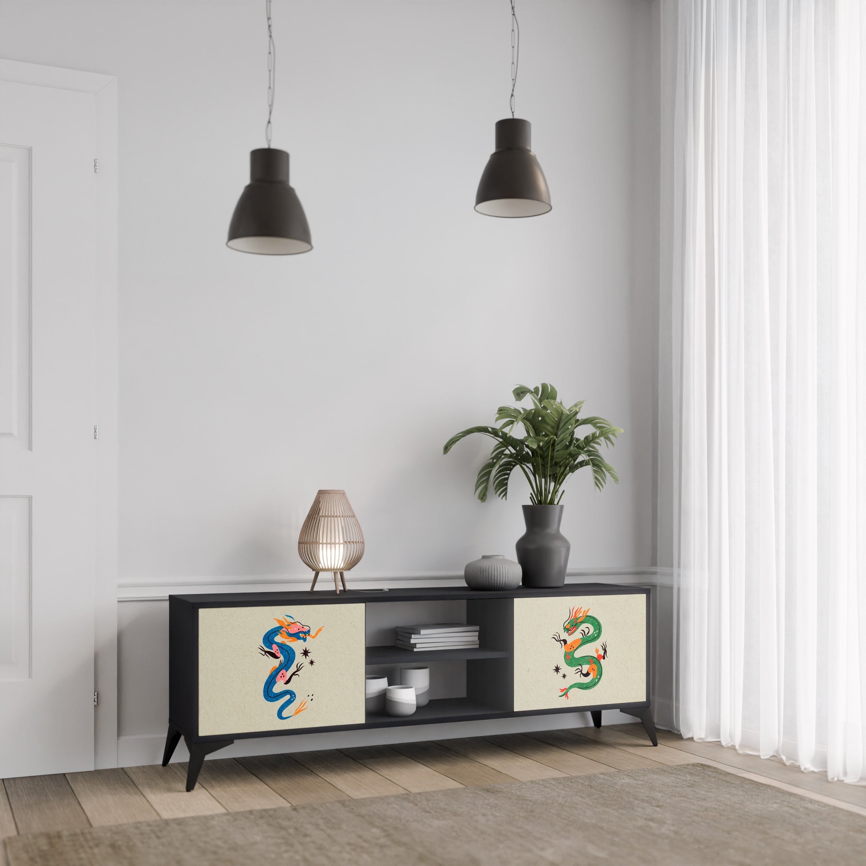 MYTHOLOGICAL CREATURES 2-Door TV Stand in Black Finish