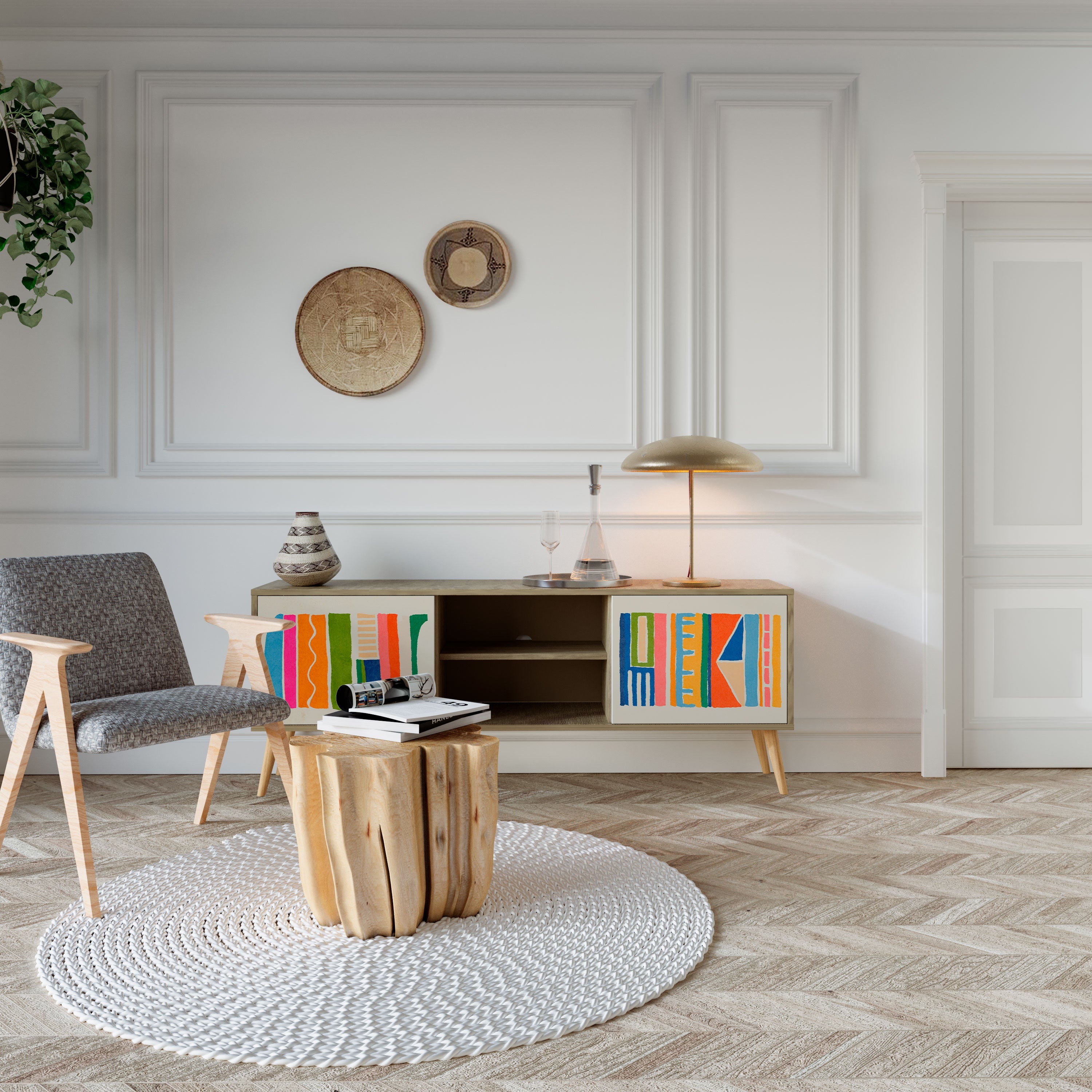 GEOMETRIC SHINE 2-türiger TV-Ständer in Eichenoptik