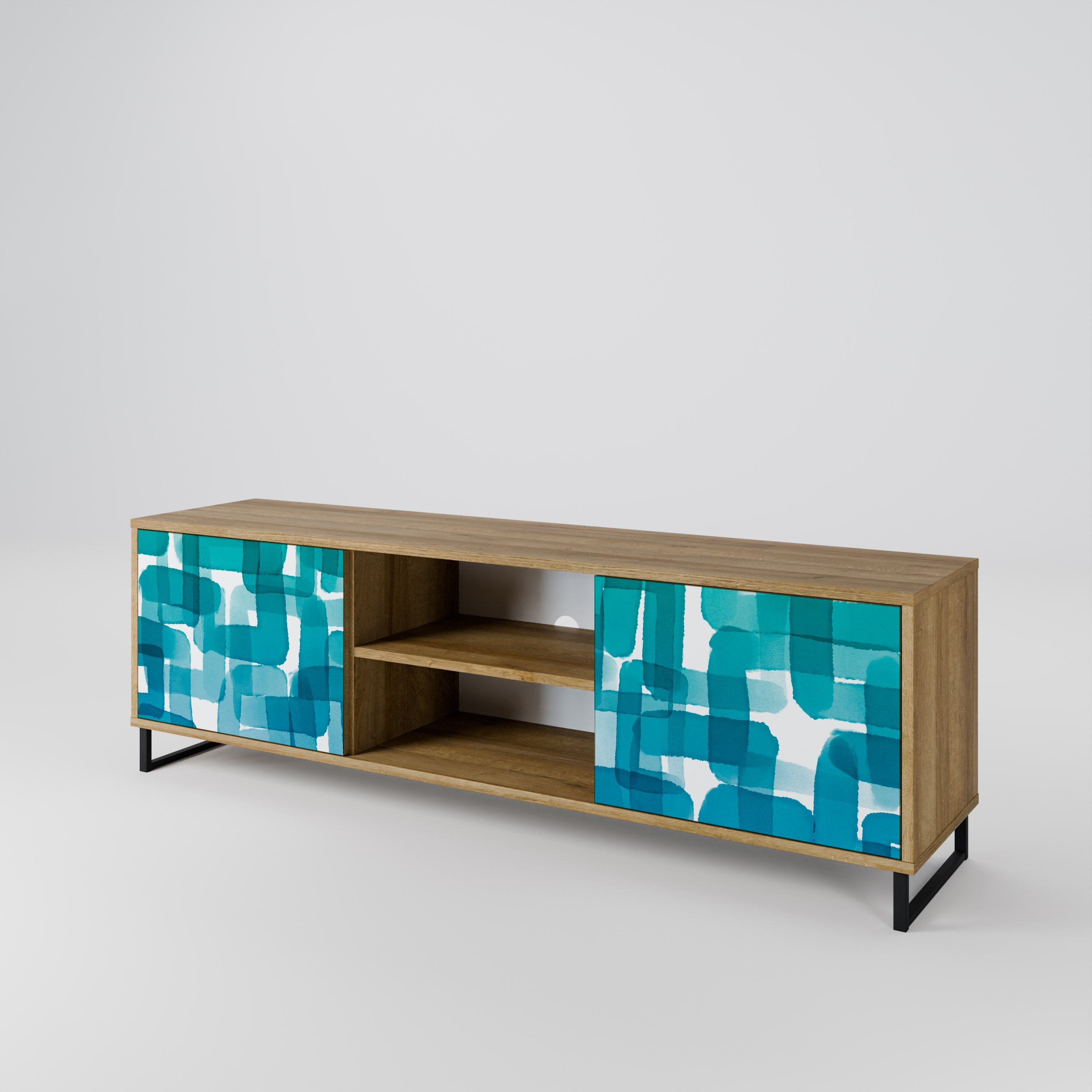 TURQUOISE RECTANGLES TV-Ständer mit 2 Türen in Eichenoptik