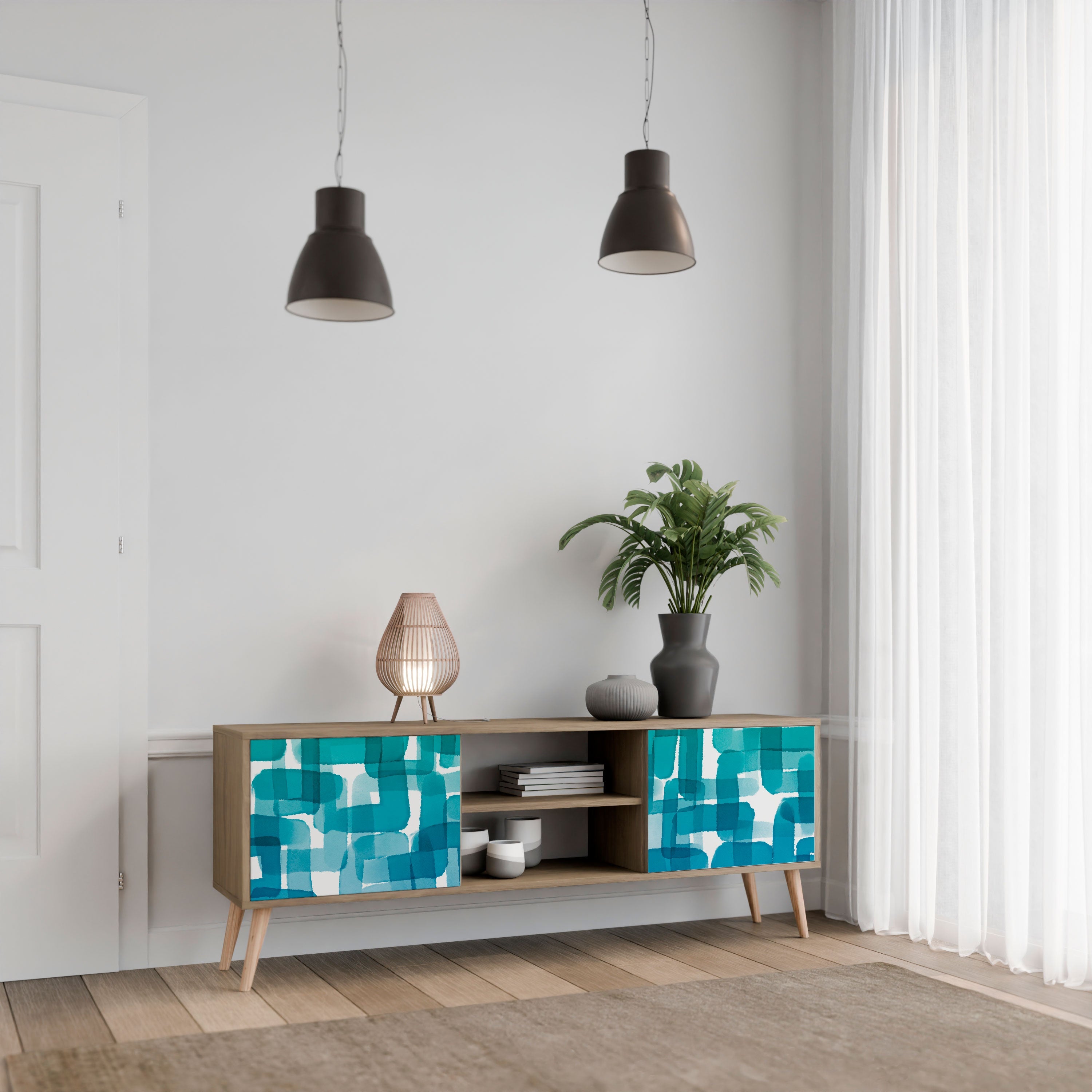 TURQUOISE RECTANGLES TV-Ständer mit 2 Türen in Eichenoptik