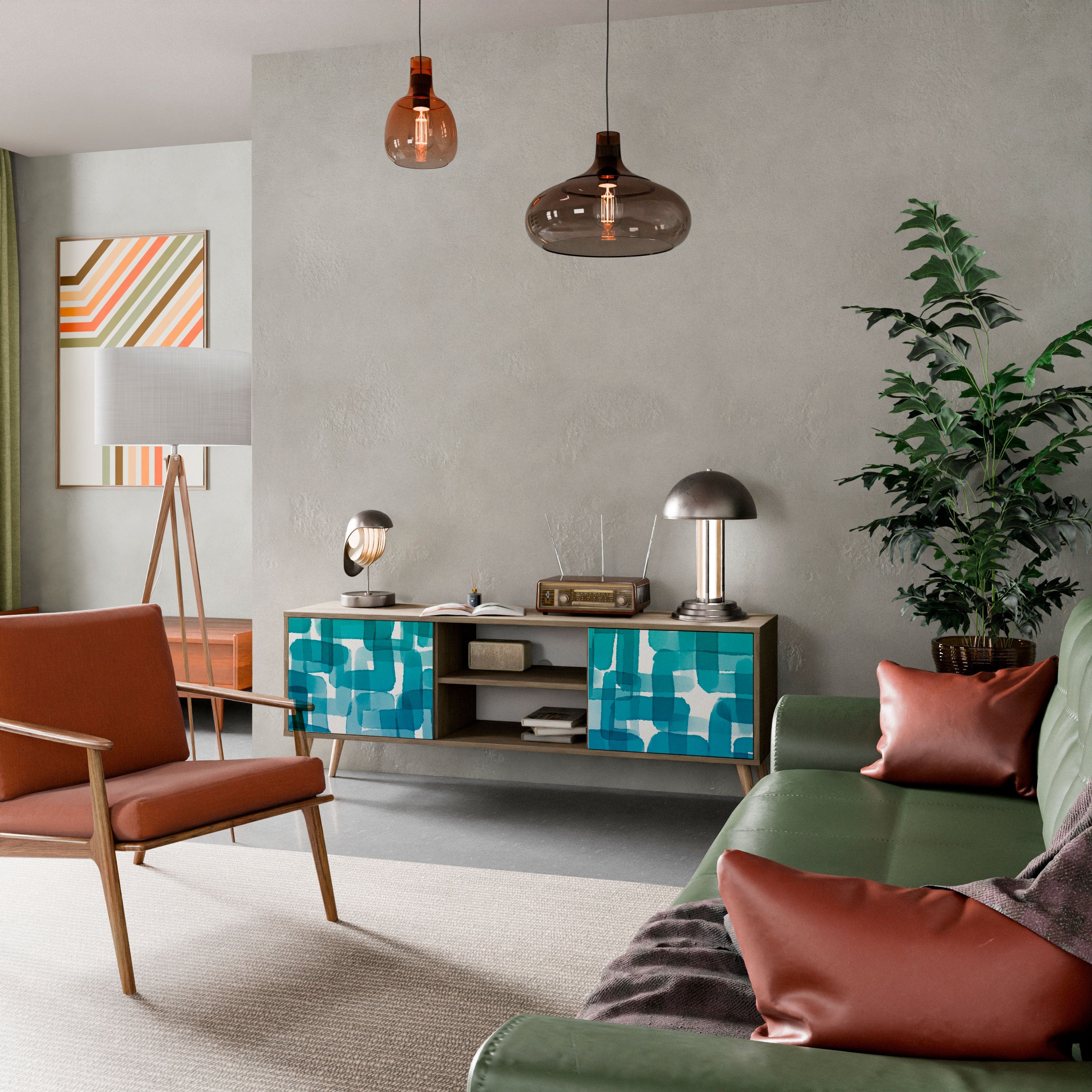 TURQUOISE RECTANGLES TV-Ständer mit 2 Türen in Eichenoptik