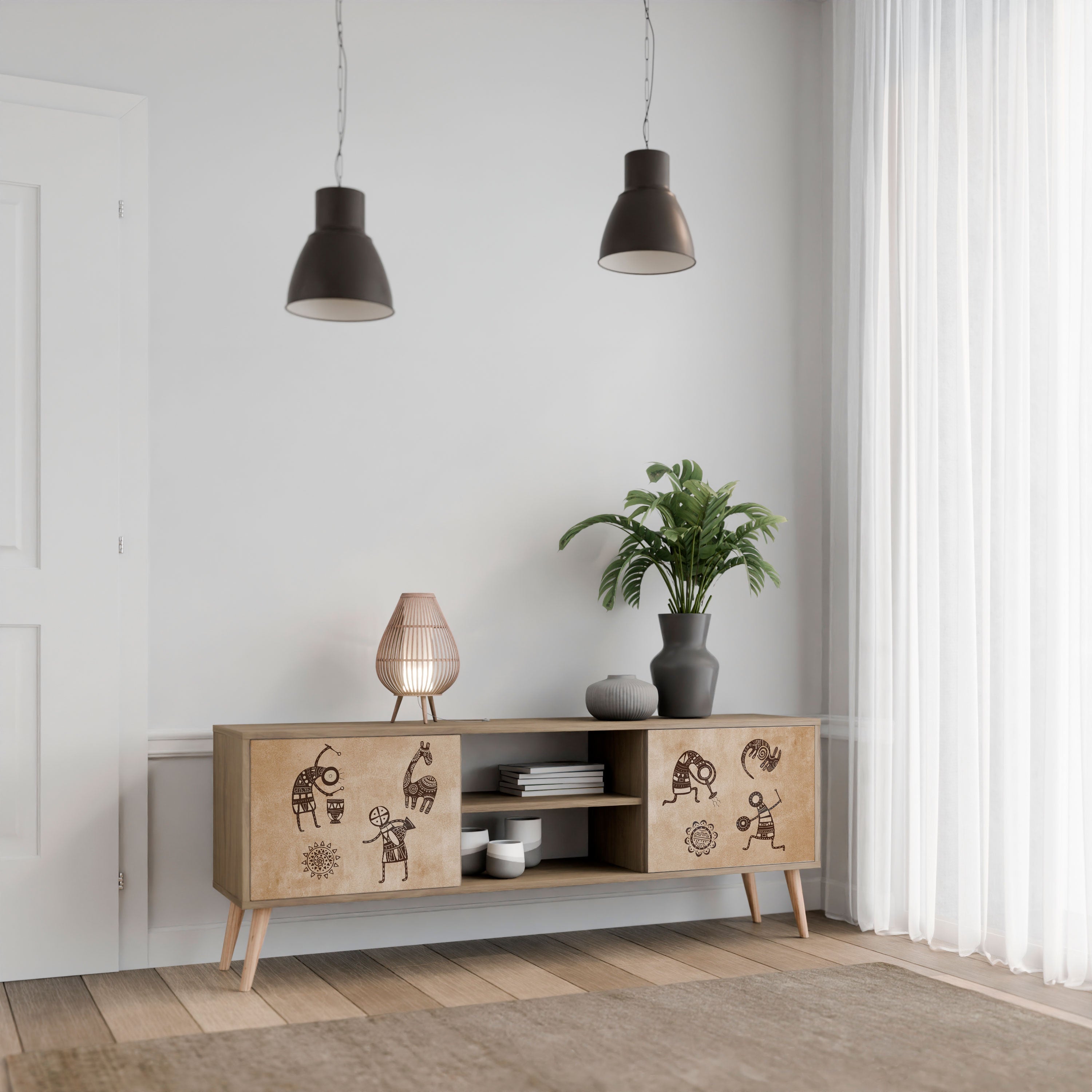 AFRICAN STYLE 2-Door TV Stand in Oak Effect