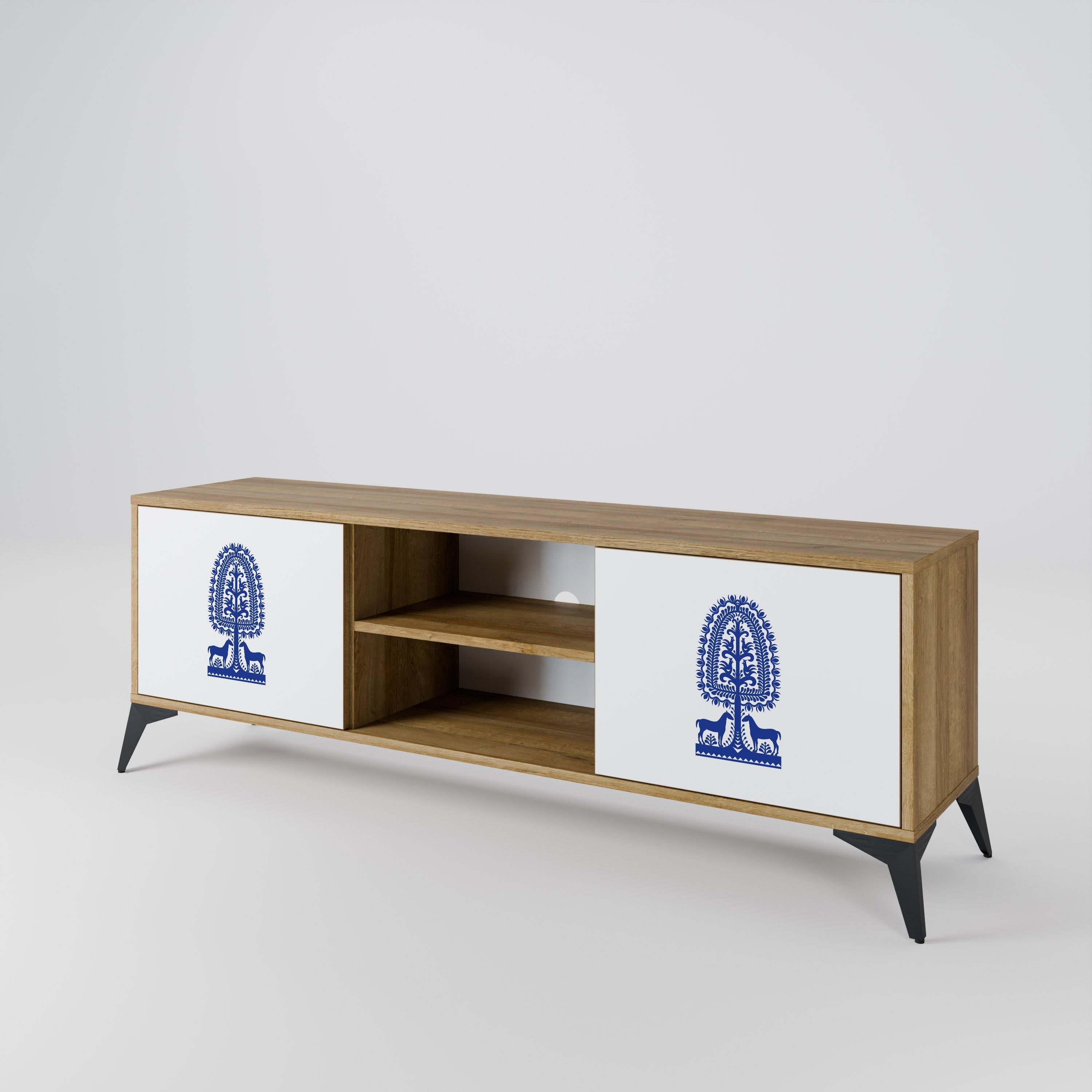 POLISH FOLK ART TV-Lowboard mit 2 Türen in Eiche-Optik