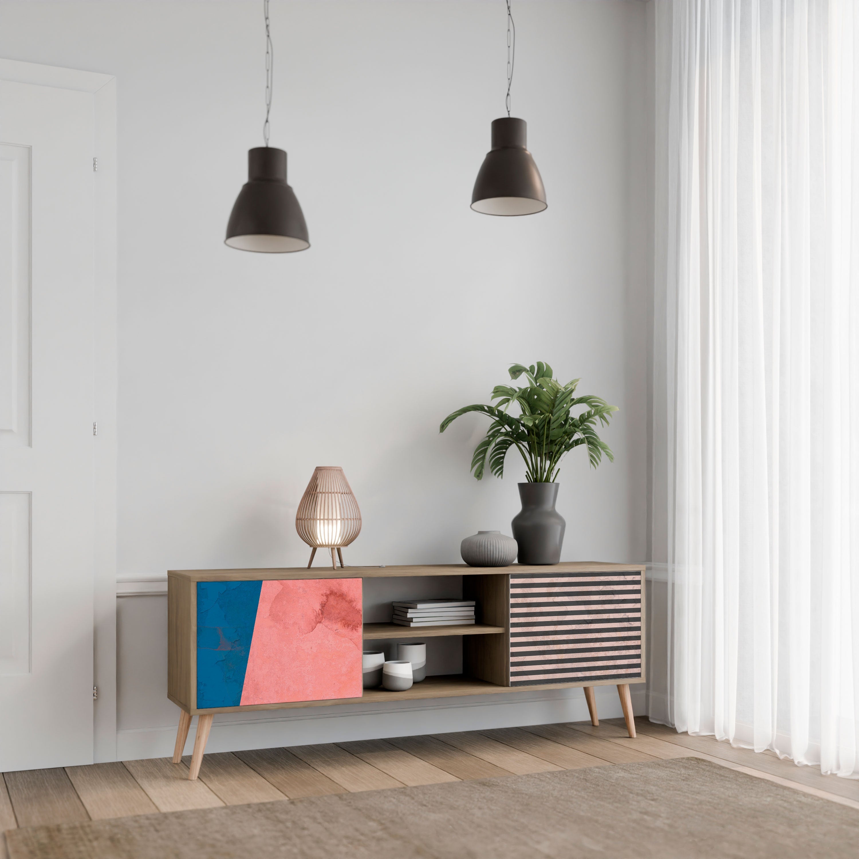 GLAMOROUS STRIPE TV-Lowboard mit 2 Türen in Eiche-Optik