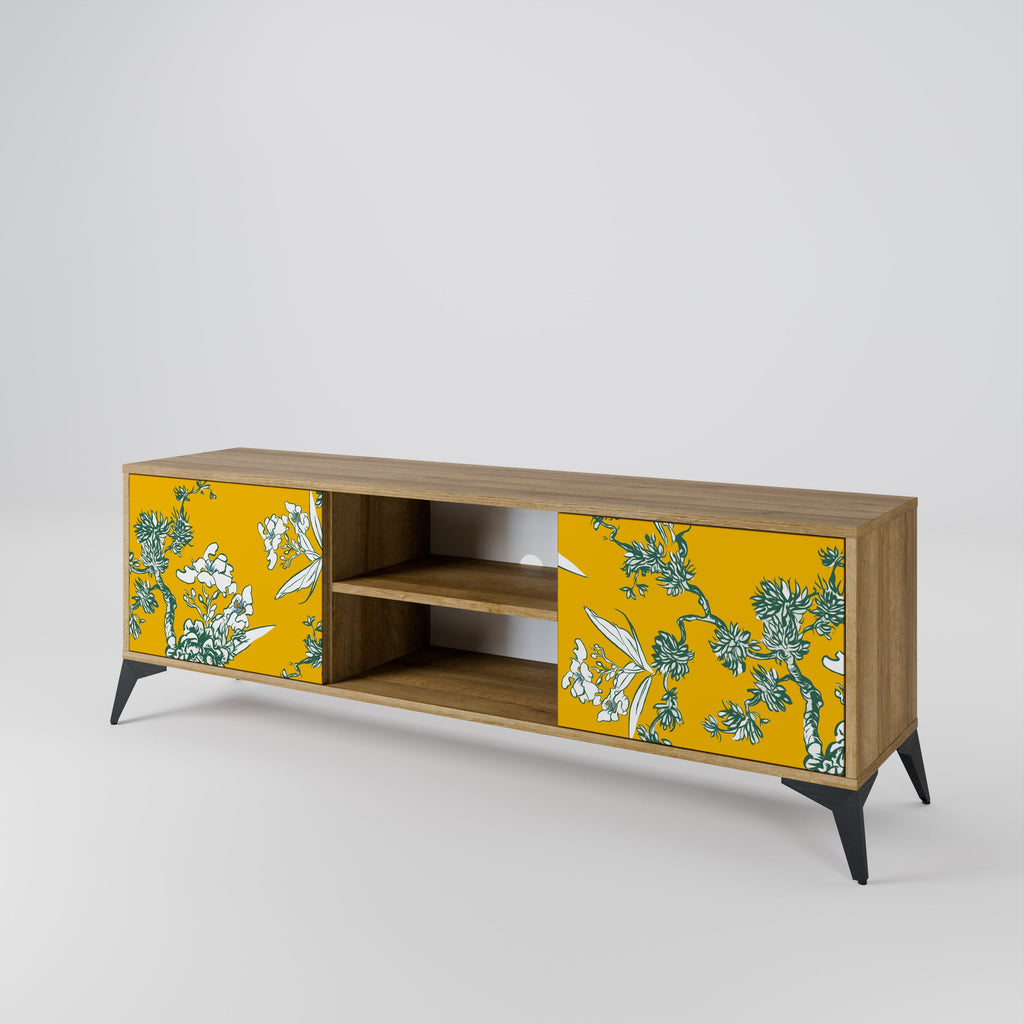 YELLOW CHINOISERIE 2-Door TV Stand in Oak Effect