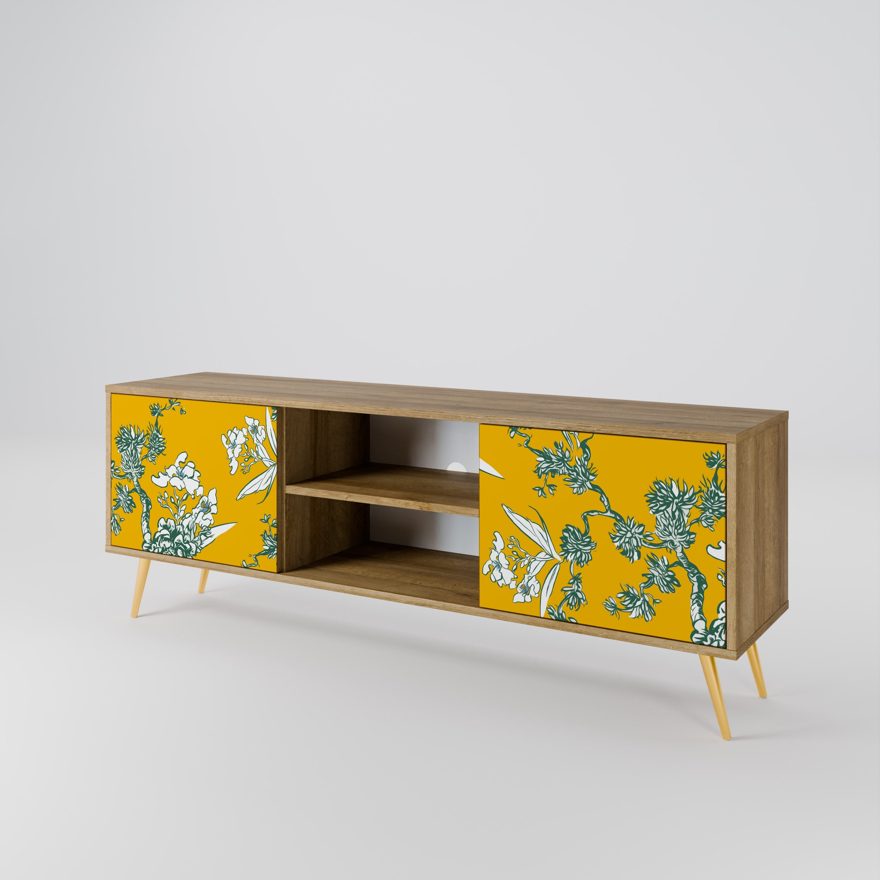 YELLOW CHINOISERIE 2-Door TV Stand in Oak Effect