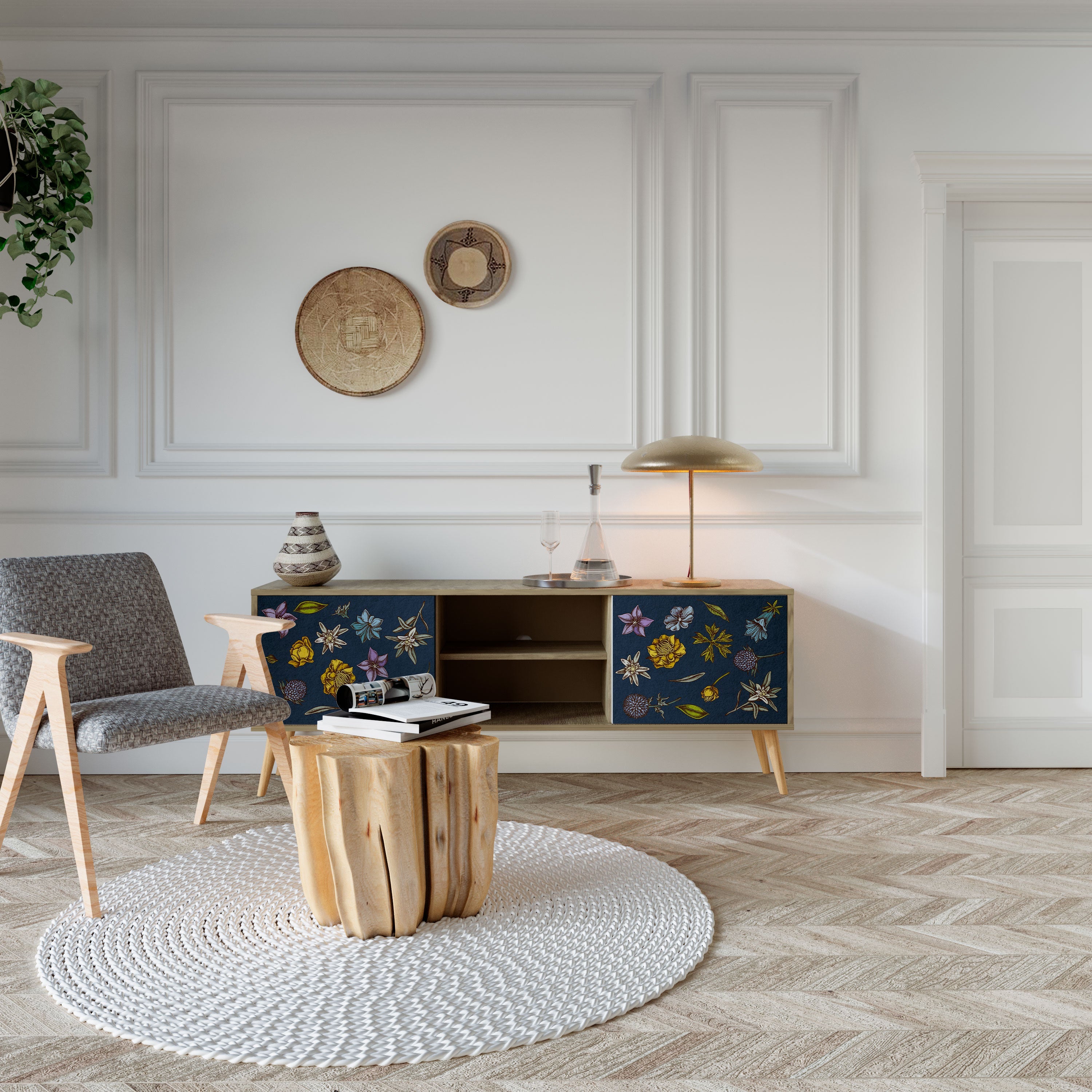 FLOWERS ON NAVY BLUE TV-Lowboard mit 2 Türen in Eiche-Optik