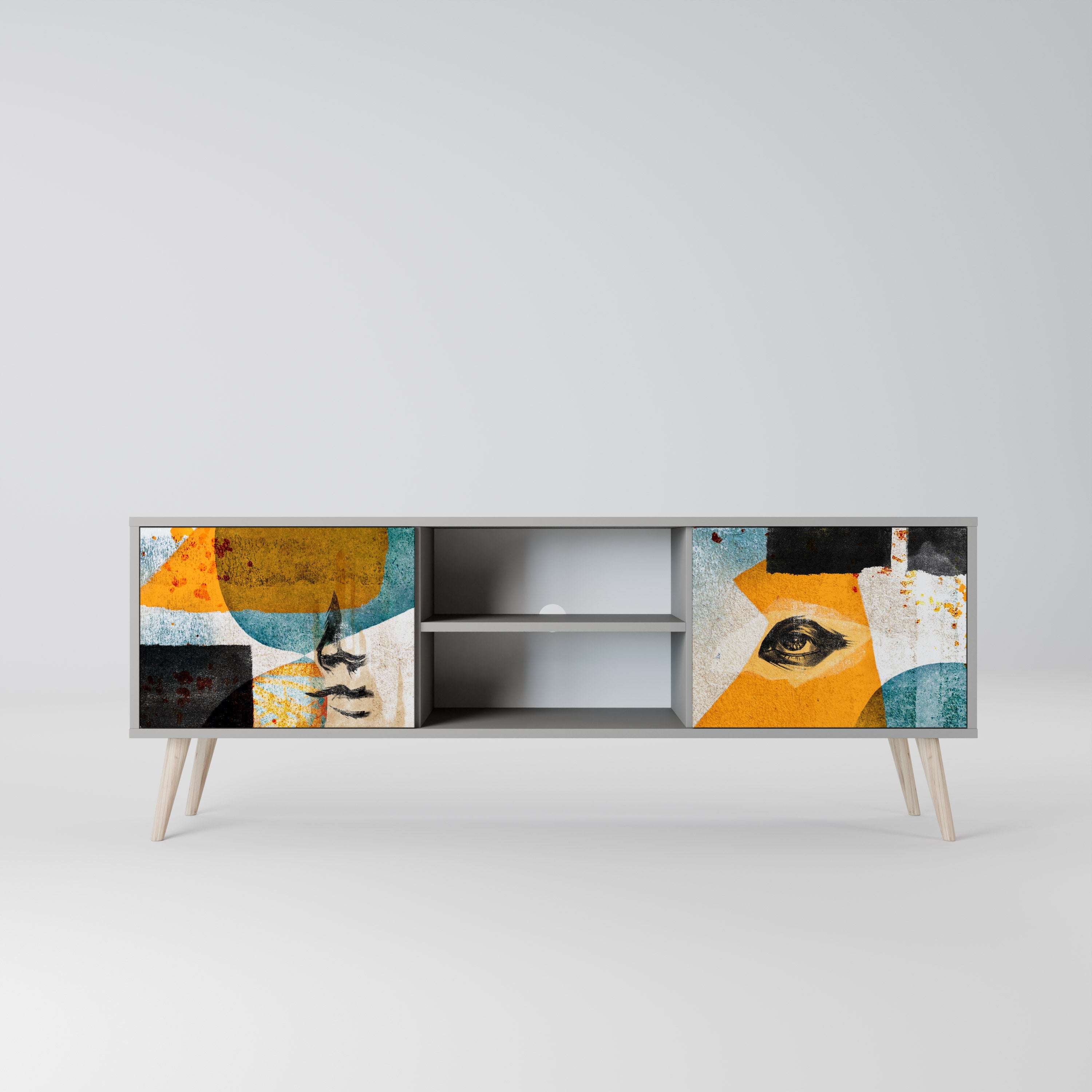 ABSTRACT FACES TV-Ständer mit 2 Türen in grauer Ausführung