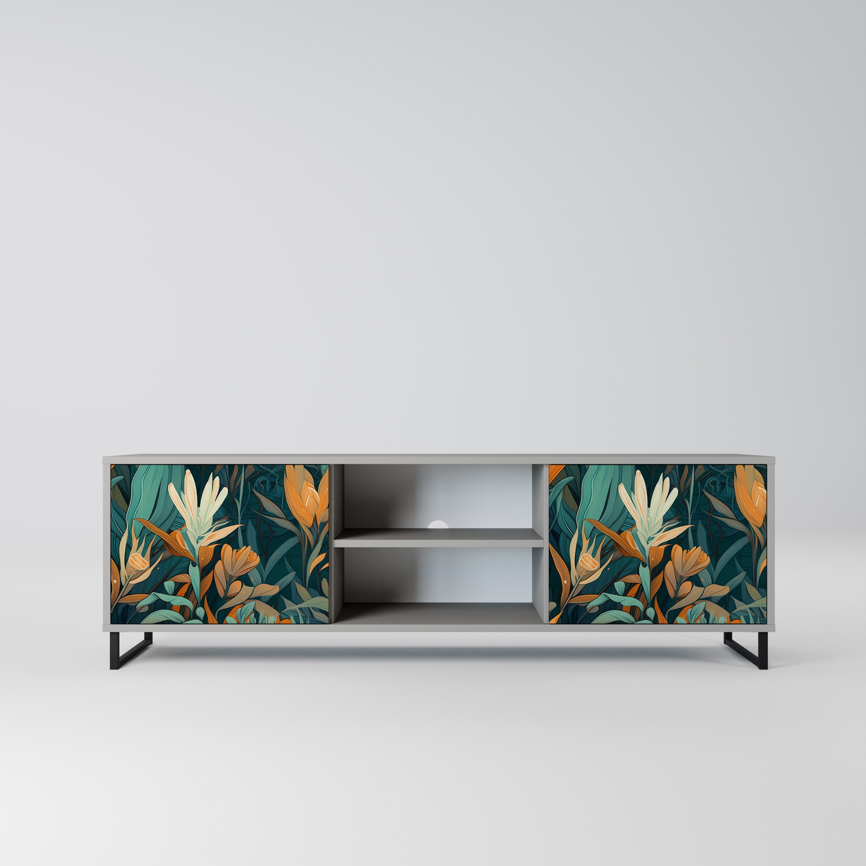 FLORAL SERENITY 2-Door TV Stand in Grey Finish
