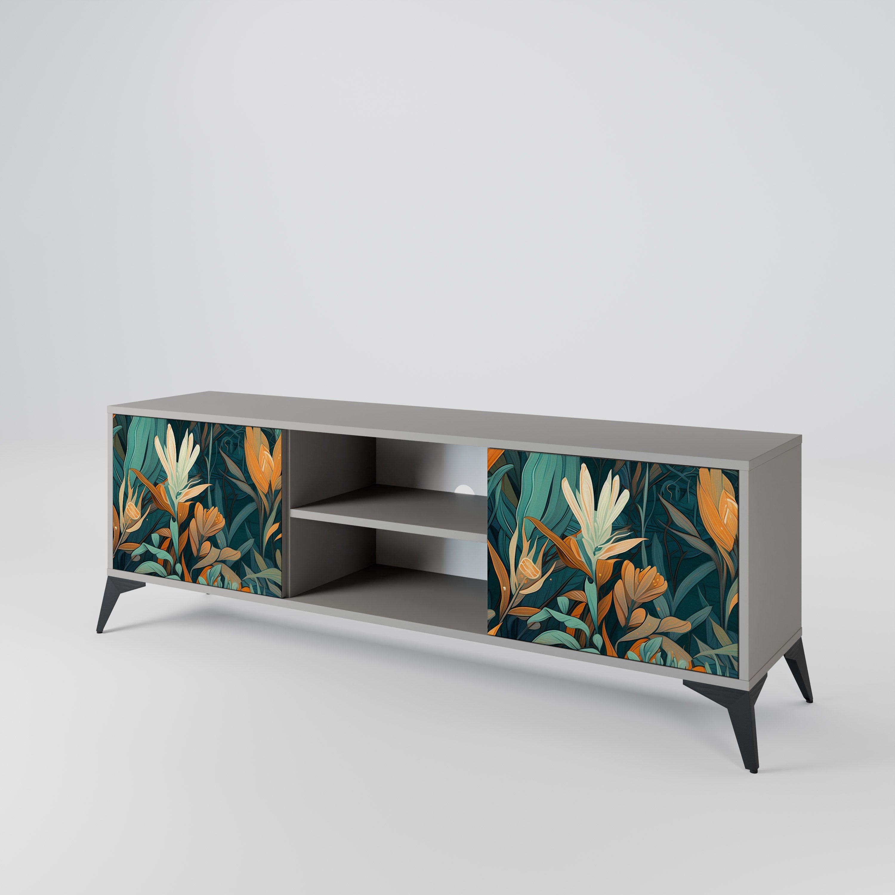 FLORAL SERENITY 2-Door TV Stand in Grey Finish