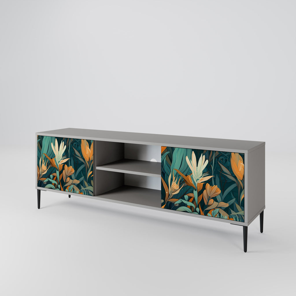 FLORAL SERENITY 2-Door TV Stand in Grey Finish
