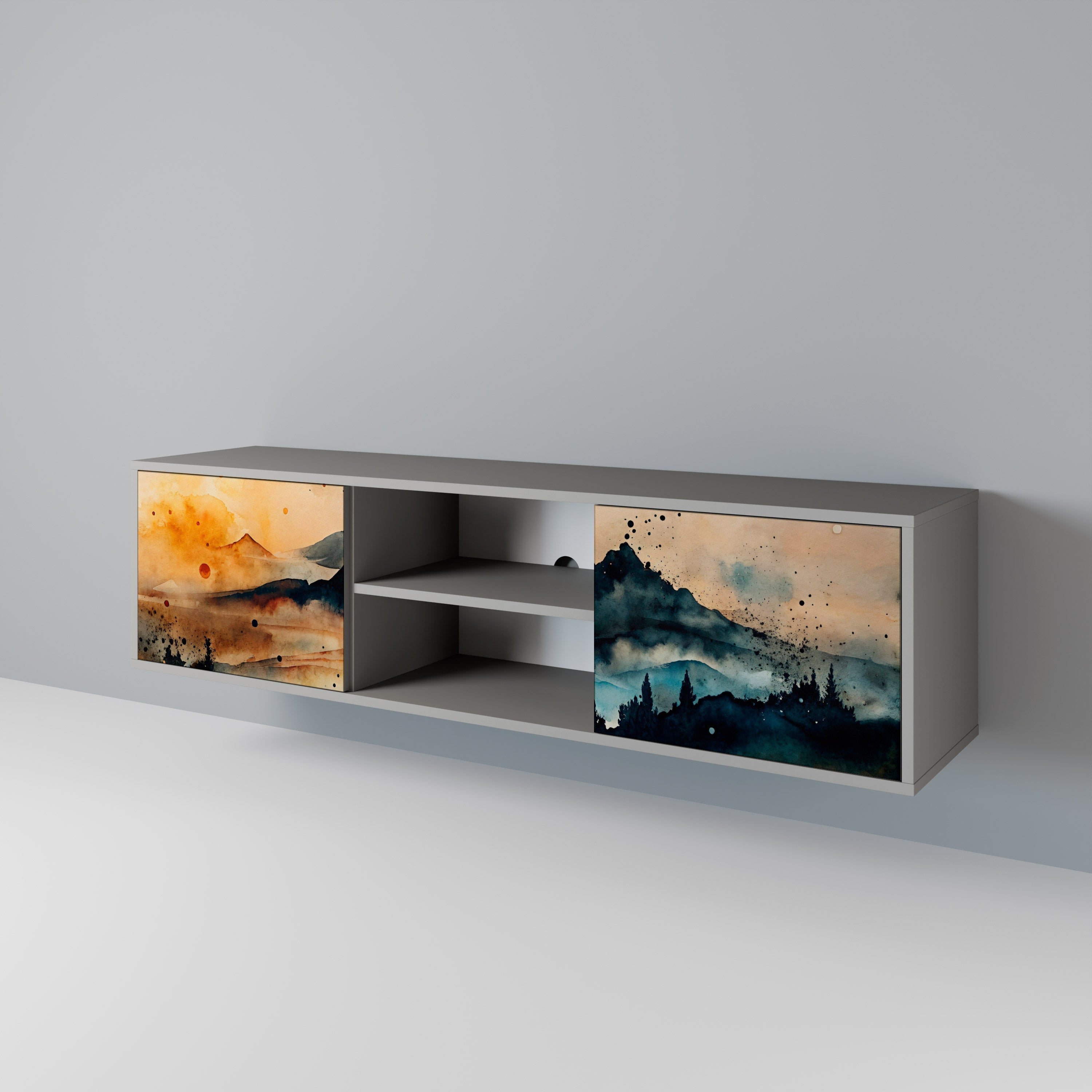 OMINOUS MOUNTAINS 2-Door TV Stand in Grey Finish