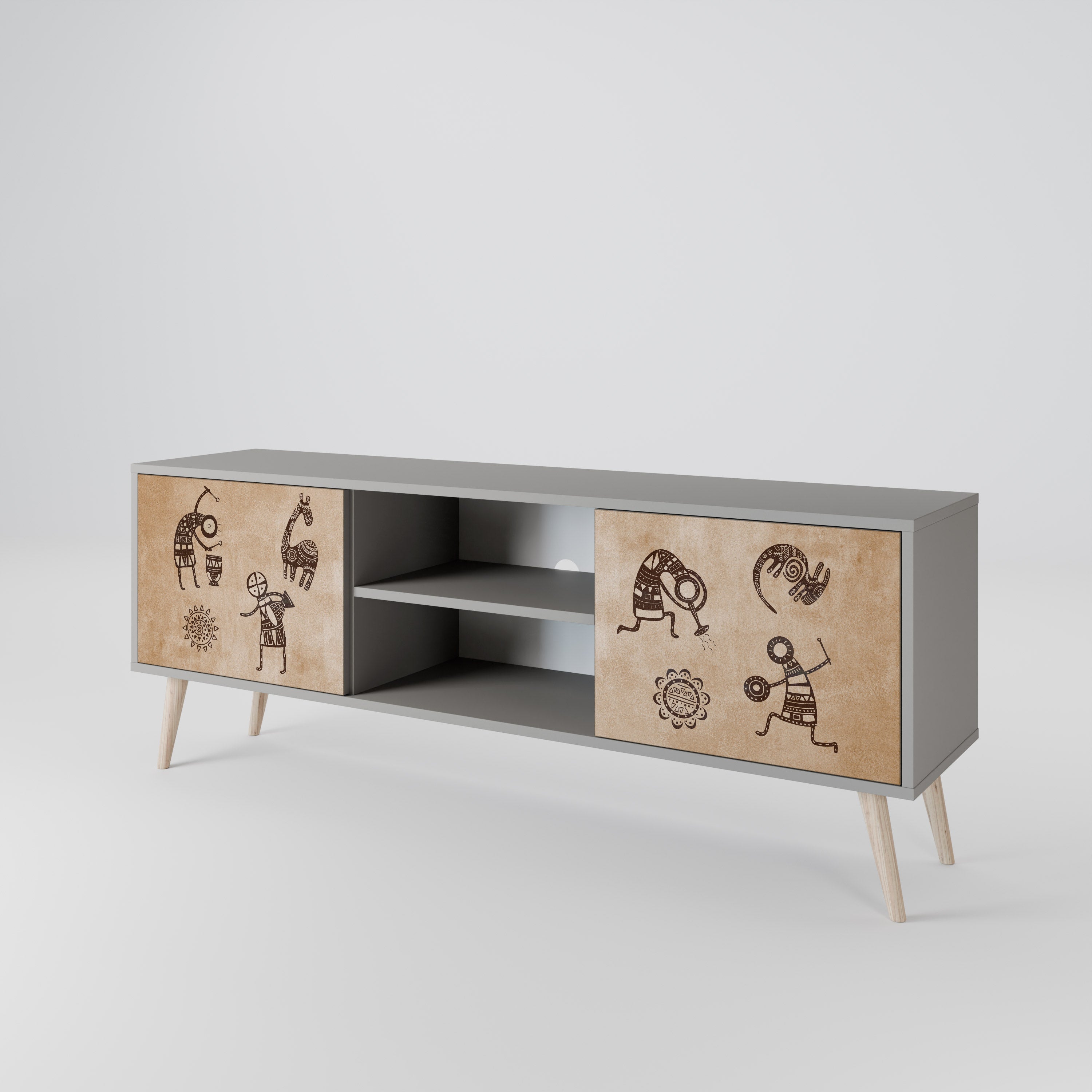 AFRICAN STYLE 2-Door TV Stand in Grey Finish