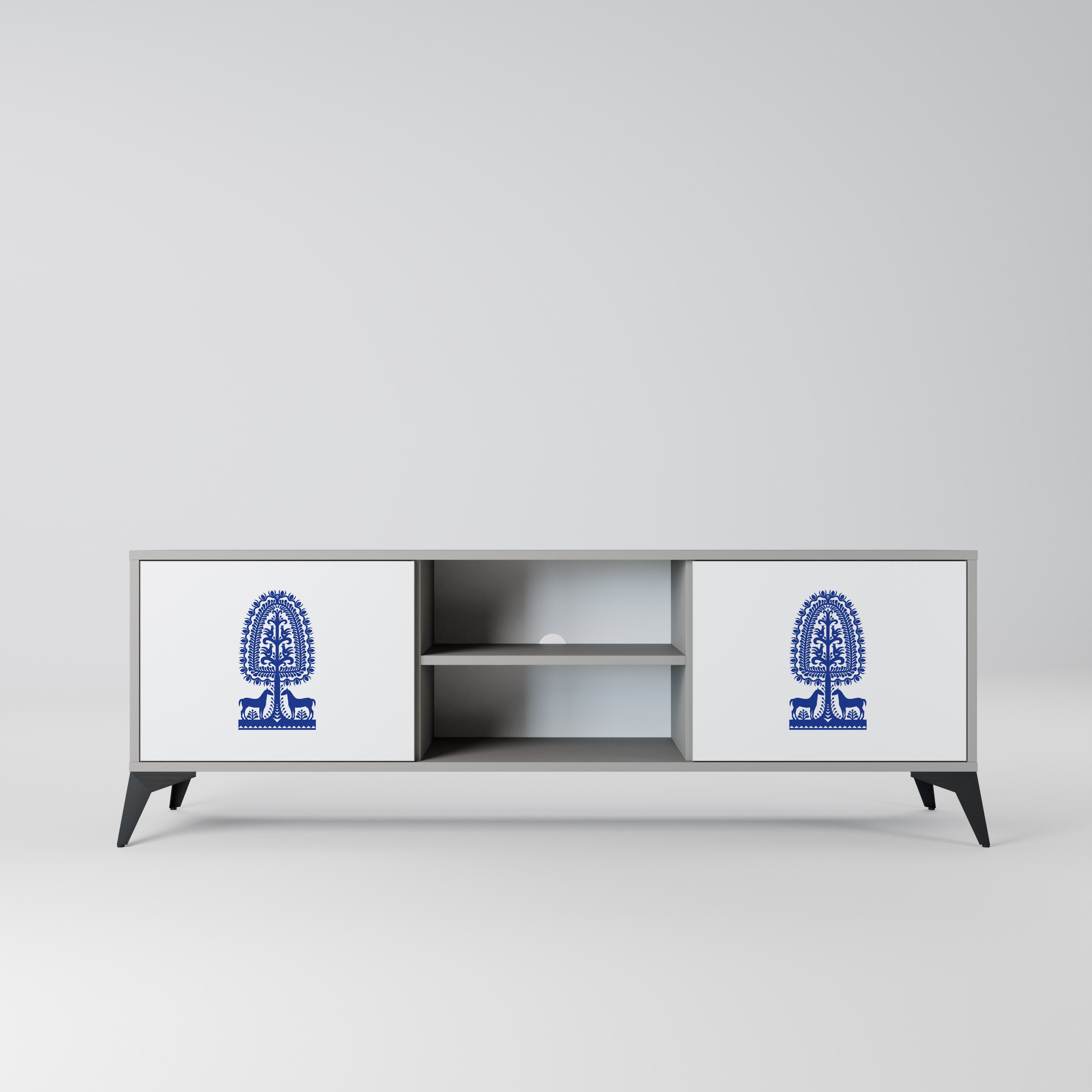POLISH FOLK ART 2-Door TV Stand in Grey Finish
