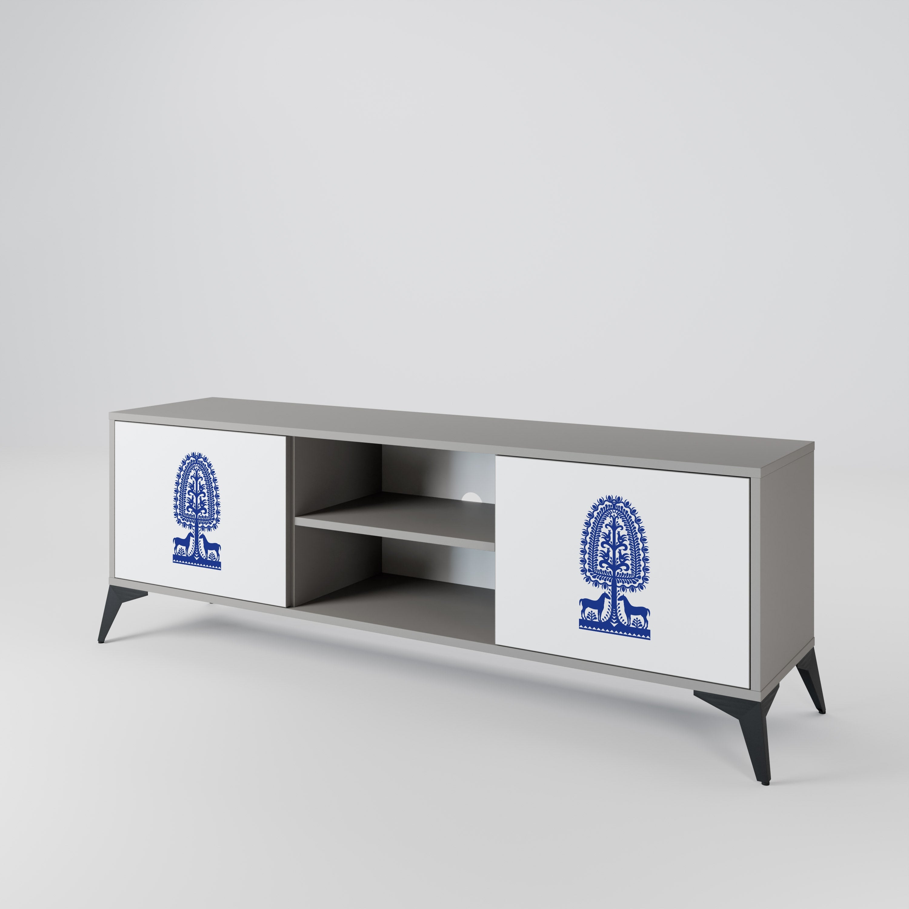 POLISH FOLK ART 2-Door TV Stand in Grey Finish