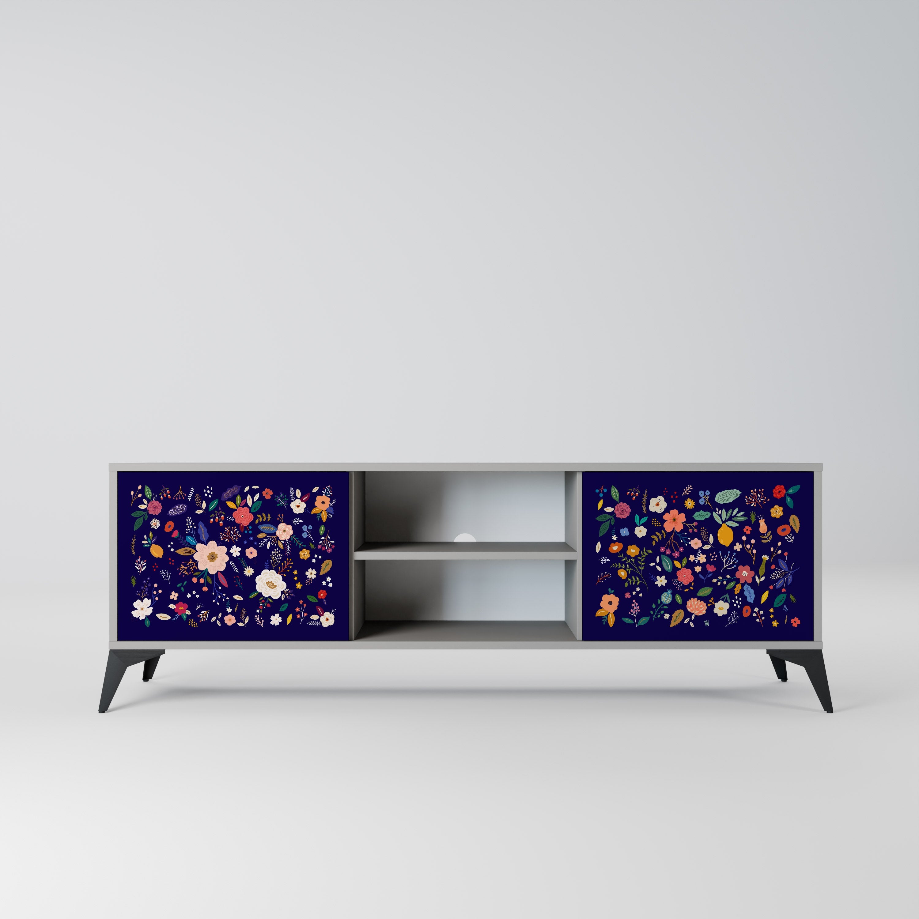 FLORAL COMBINATION 2-Door TV Stand in Grey Finish