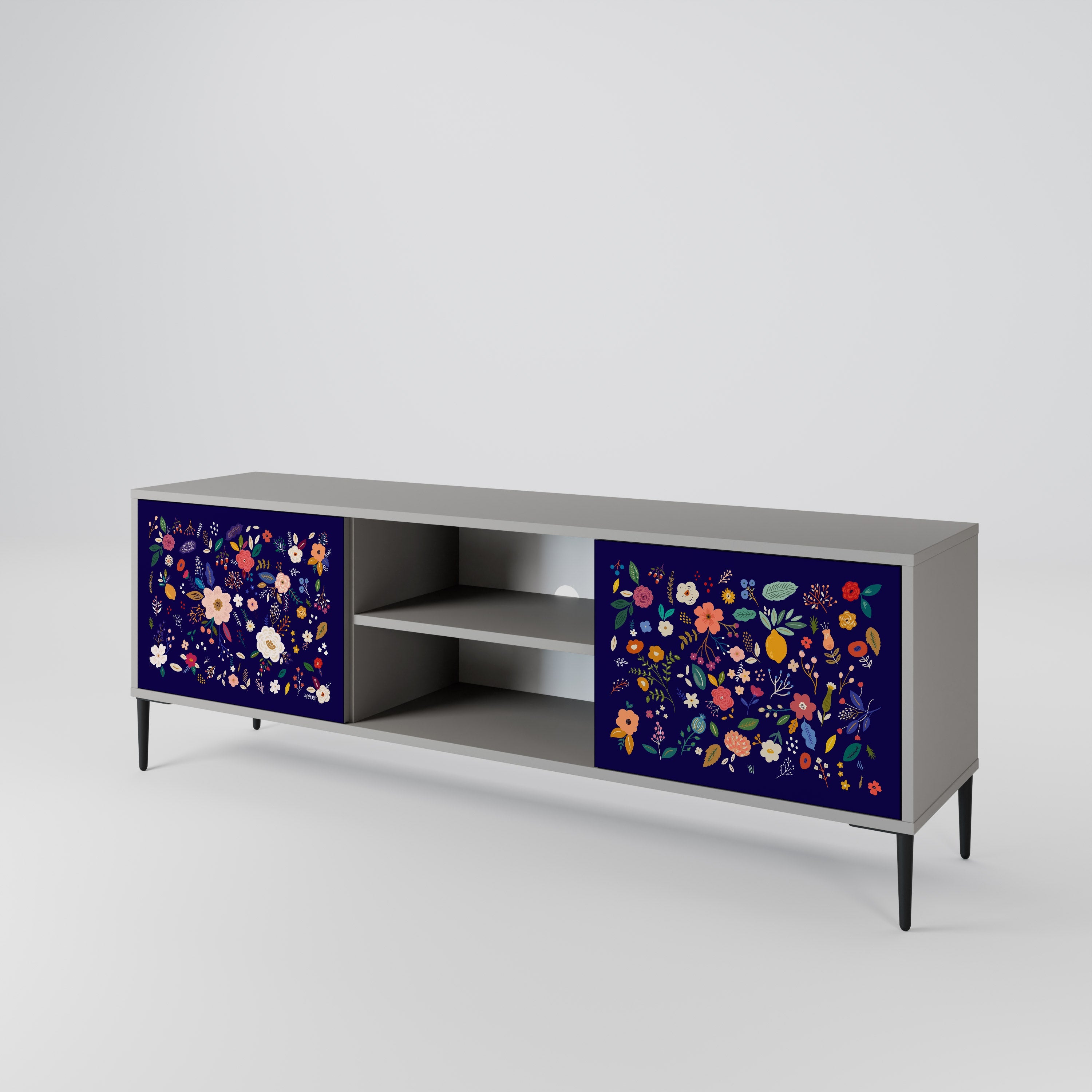 FLORAL COMBINATION 2-Door TV Stand in Grey Finish