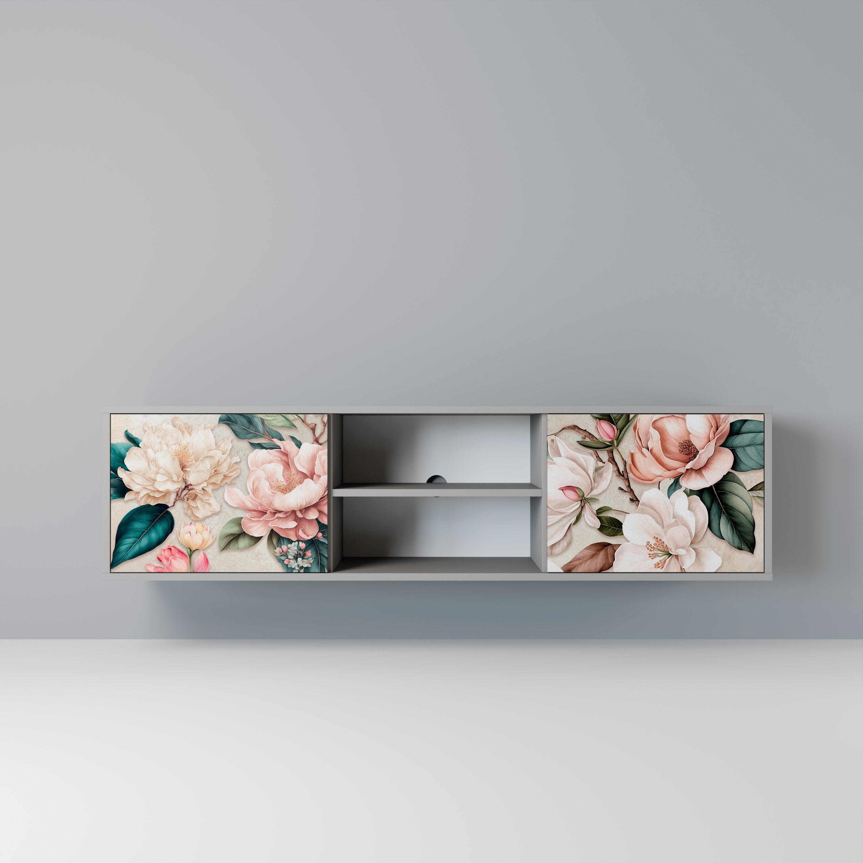 FLORAL GRACE 2-Door TV Stand in Grey Finish