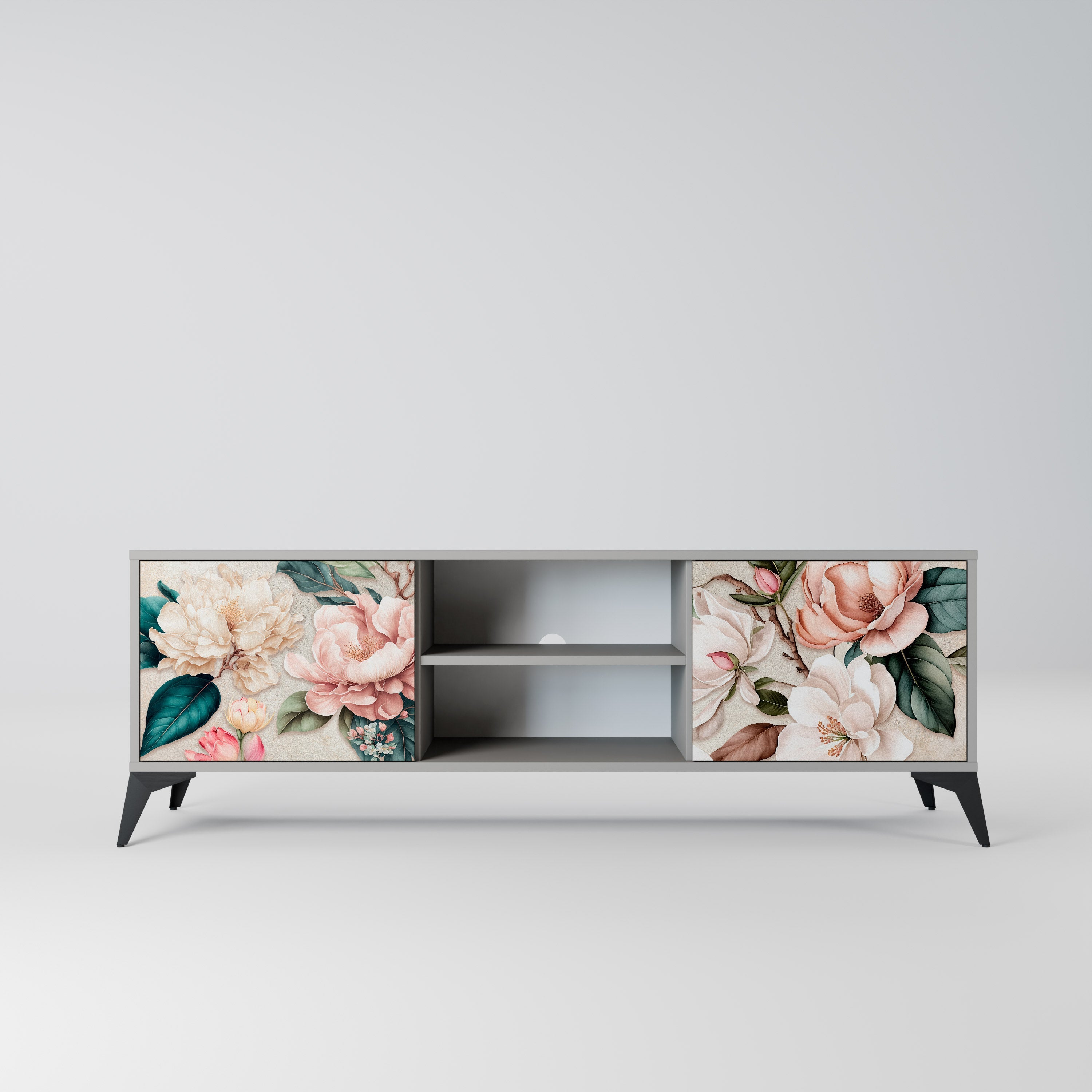 FLORAL GRACE 2-Door TV Stand in Grey Finish