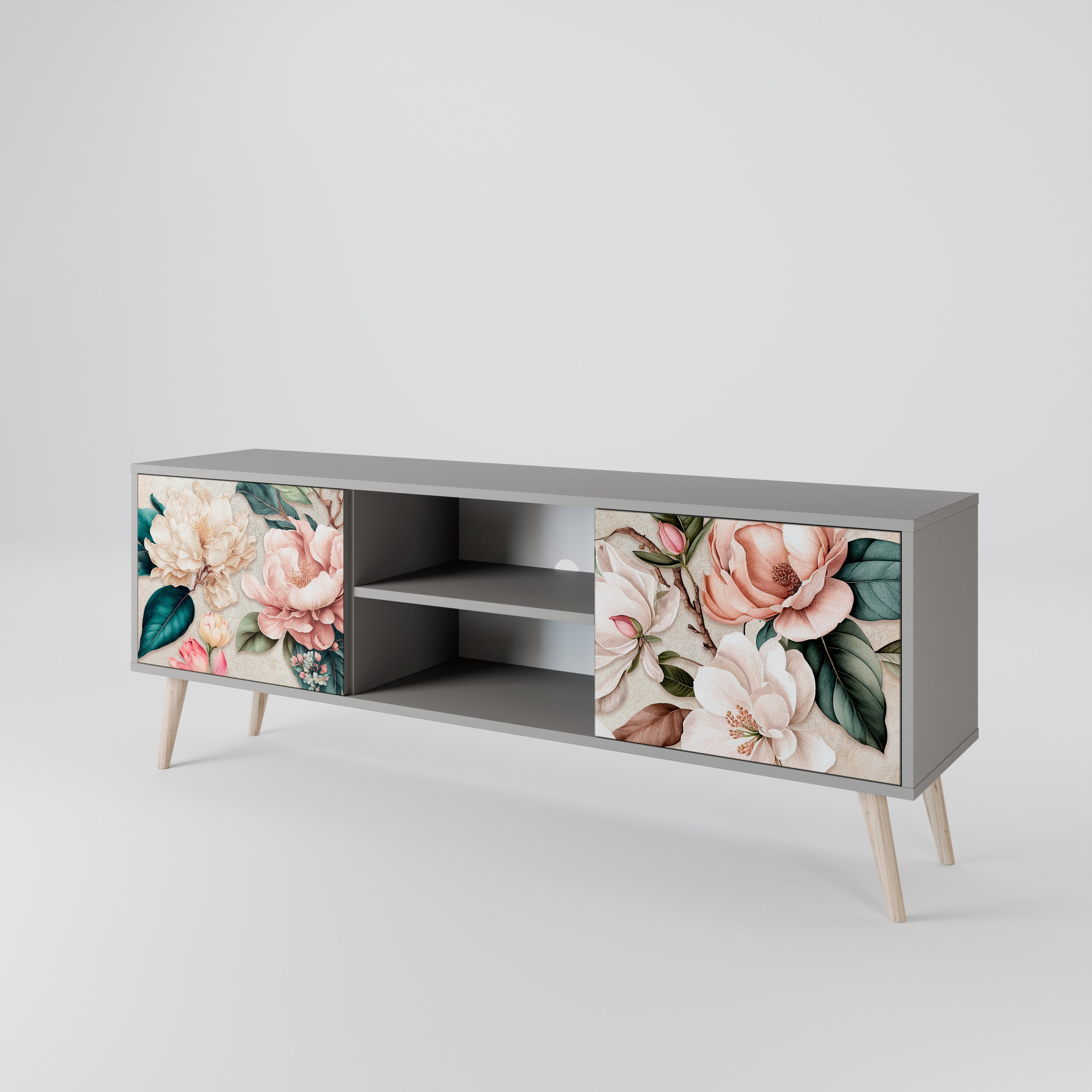 FLORAL GRACE 2-Door TV Stand in Grey Finish