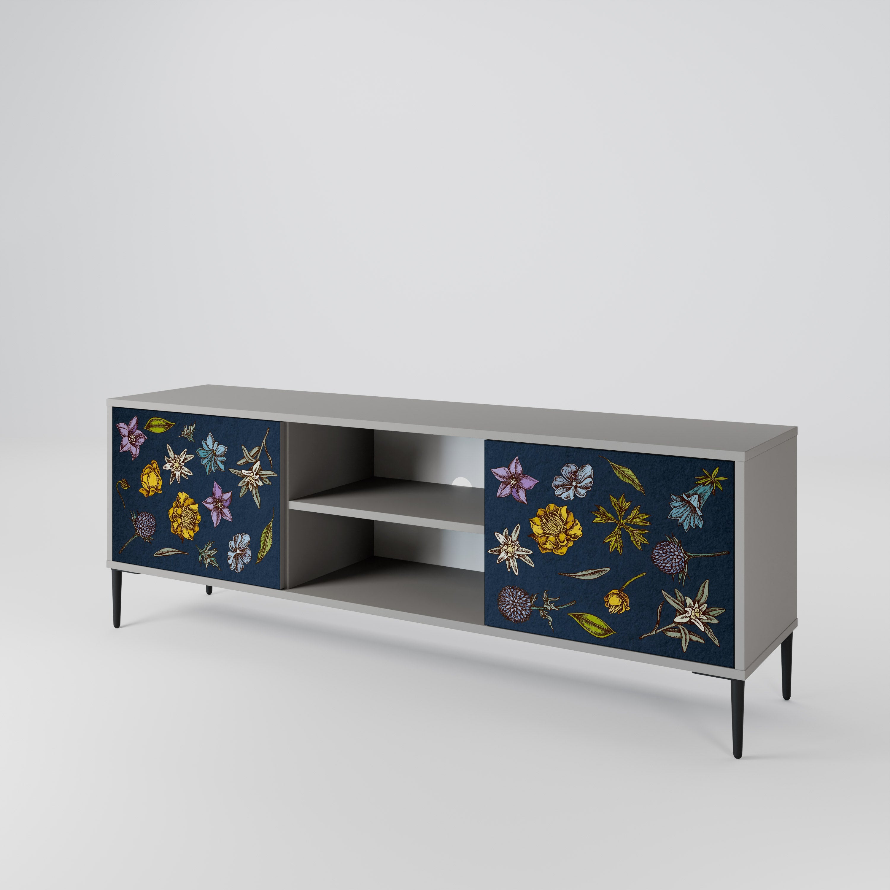 FLOWERS ON NAVY BLUE 2-Door TV Stand in Grey Finish