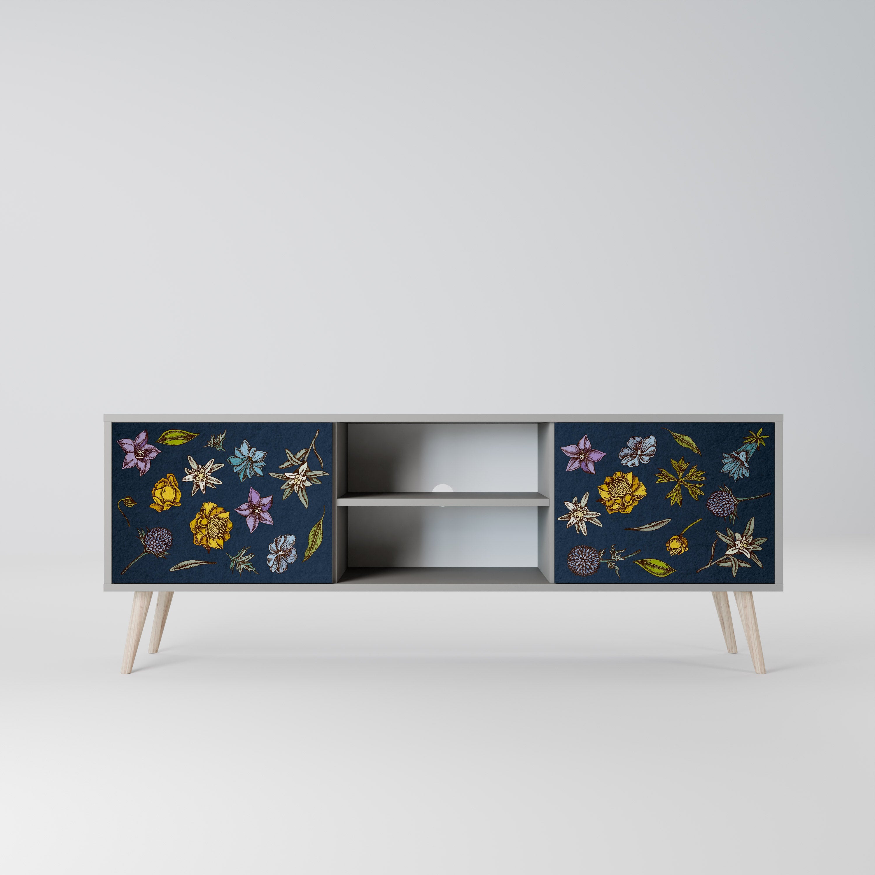FLOWERS ON NAVY BLUE 2-Door TV Stand in Grey Finish