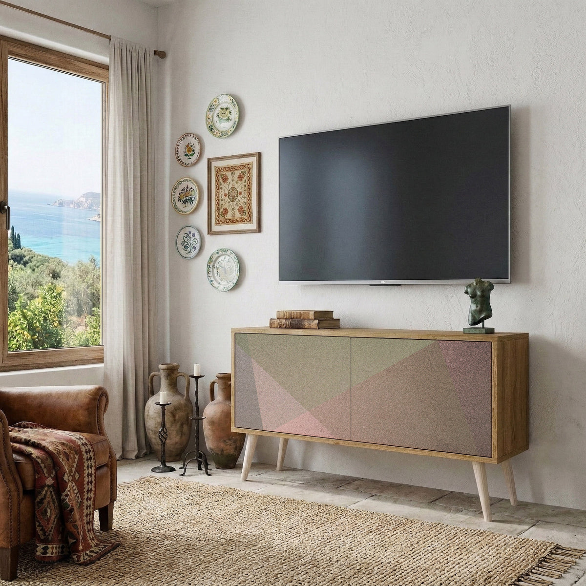 BEIGE GEOMETRY Kompaktes 2-türiges TV-Lowboard
