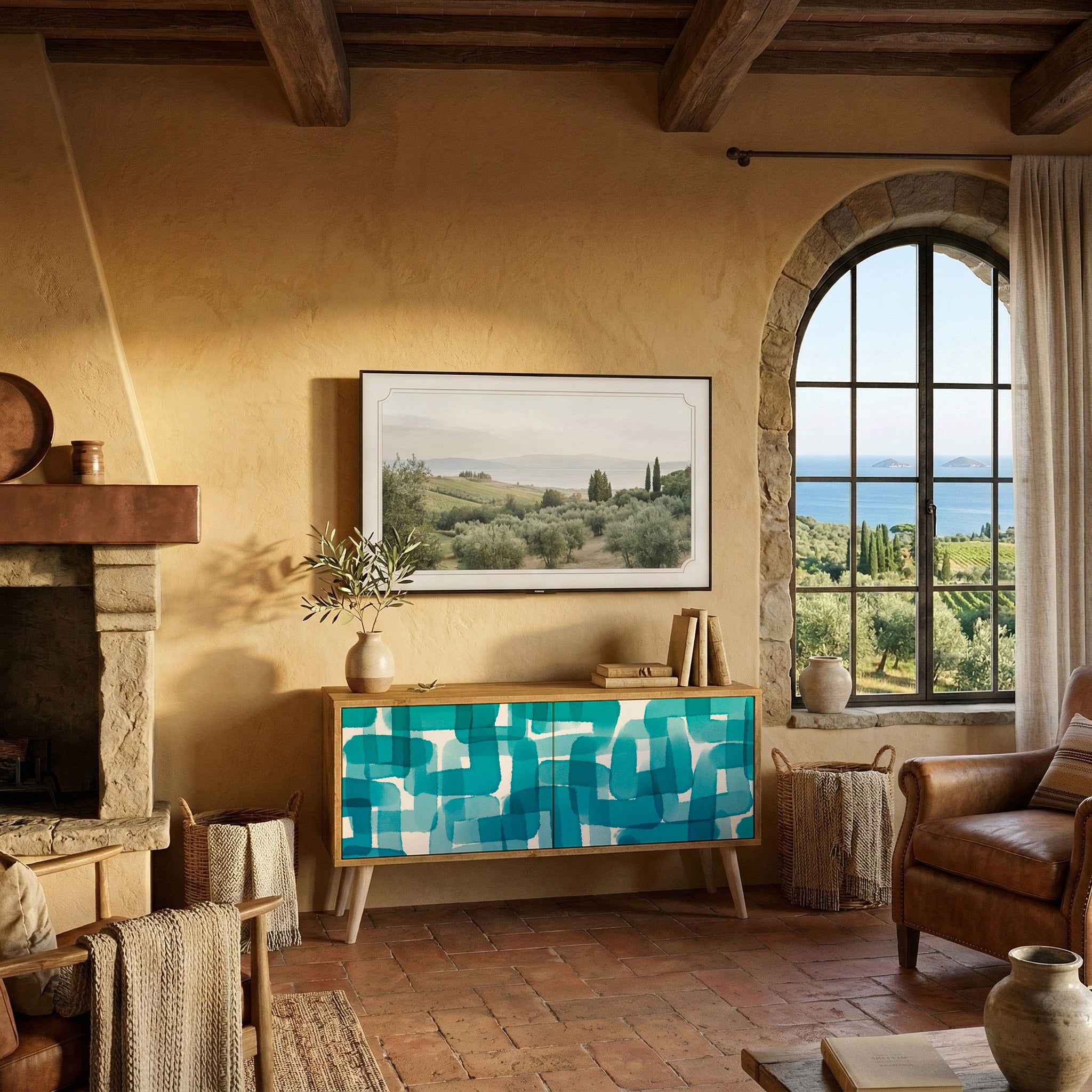 TURQUOISE RECTANGLES Compact 2-Door TV Cabinet