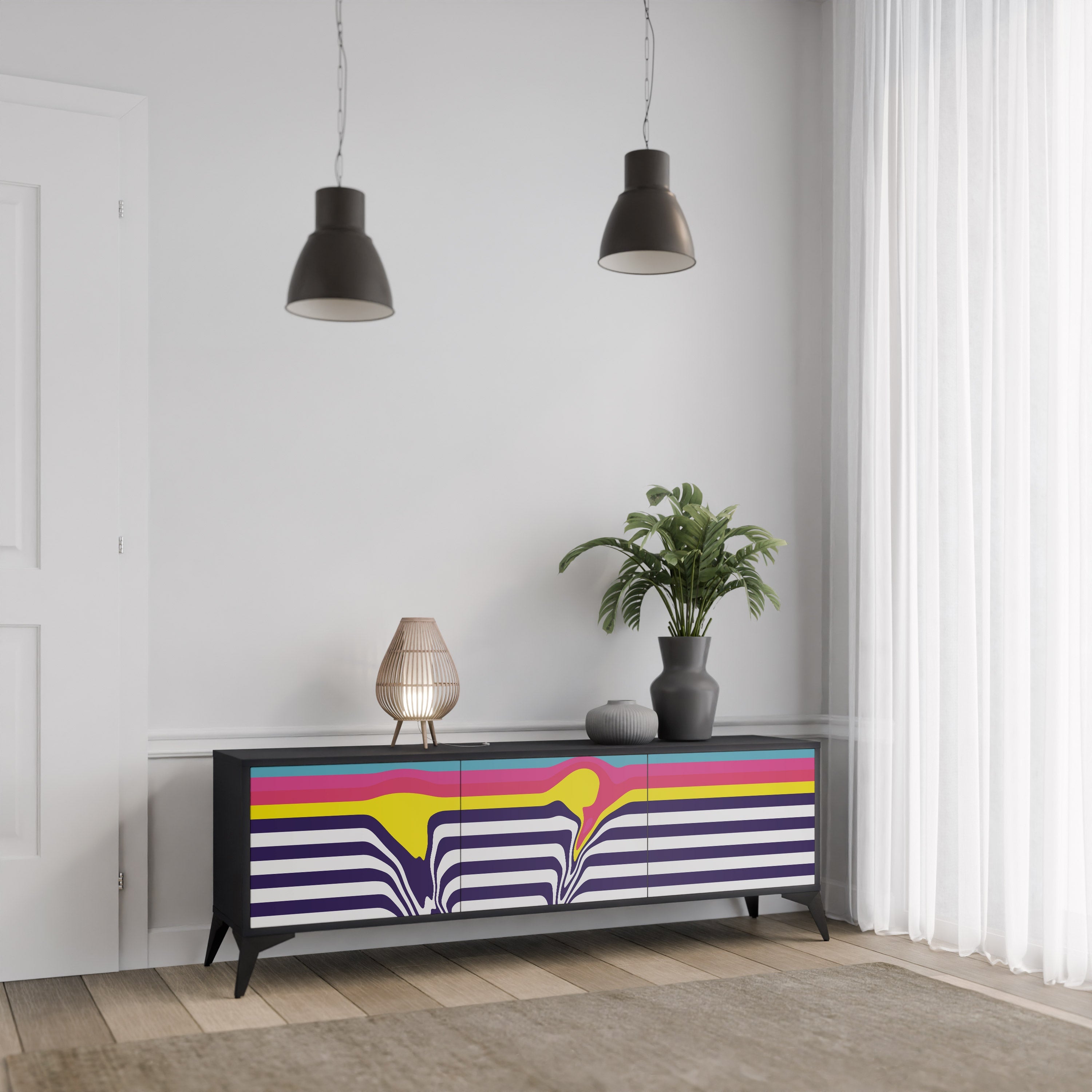 COLORFUL DIVERSION TV-Lowboard mit 3 Türen in Schwarz