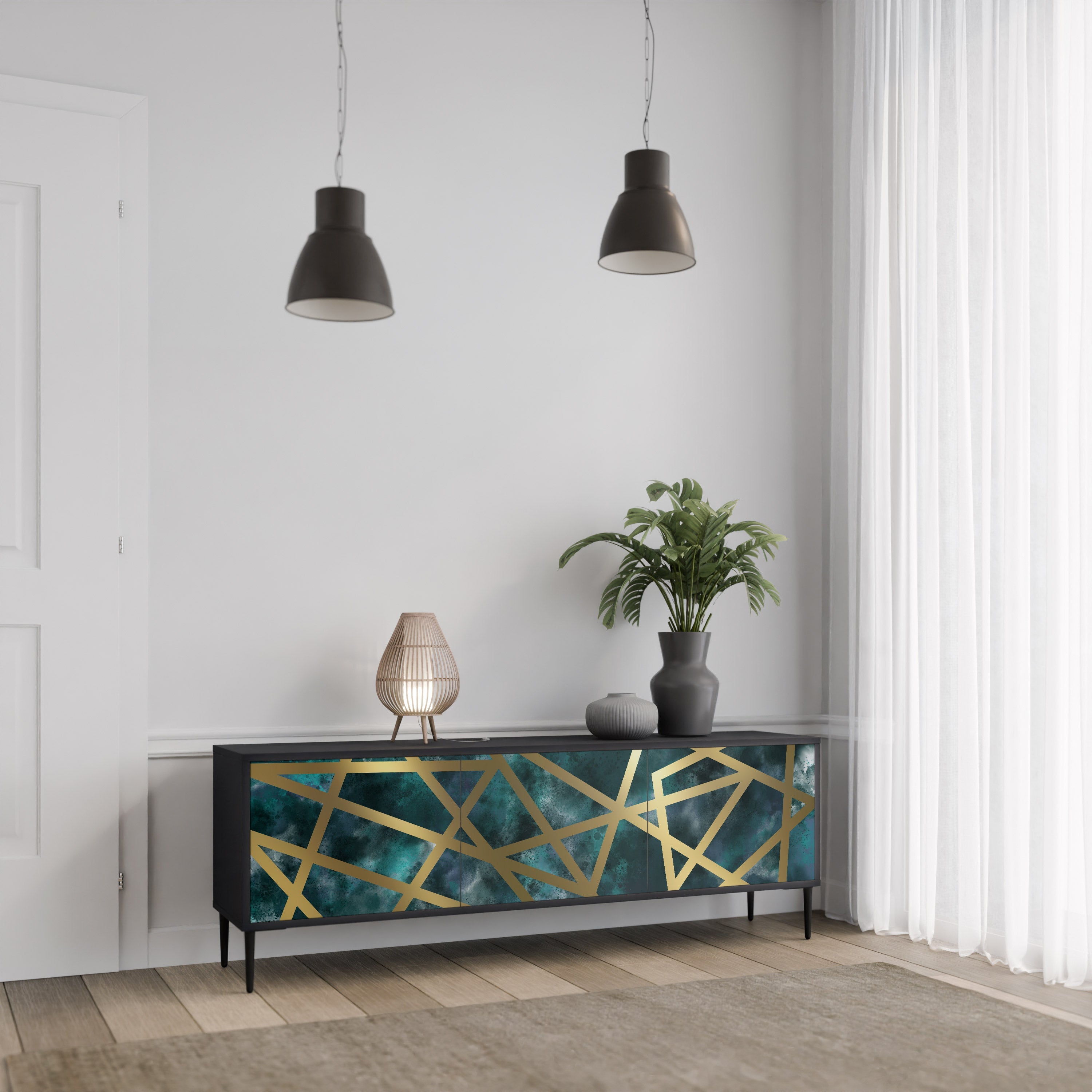 THE LABYRINTH OF GOLD TV-Lowboard mit 3 Türen in Schwarz