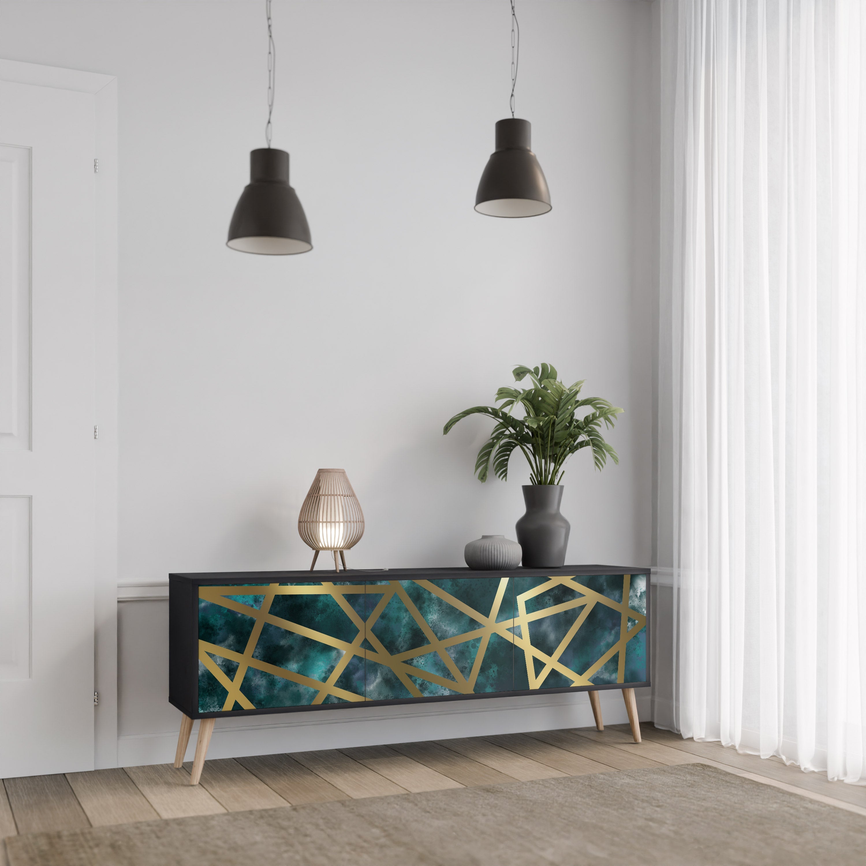 THE LABYRINTH OF GOLD TV-Lowboard mit 3 Türen in Schwarz