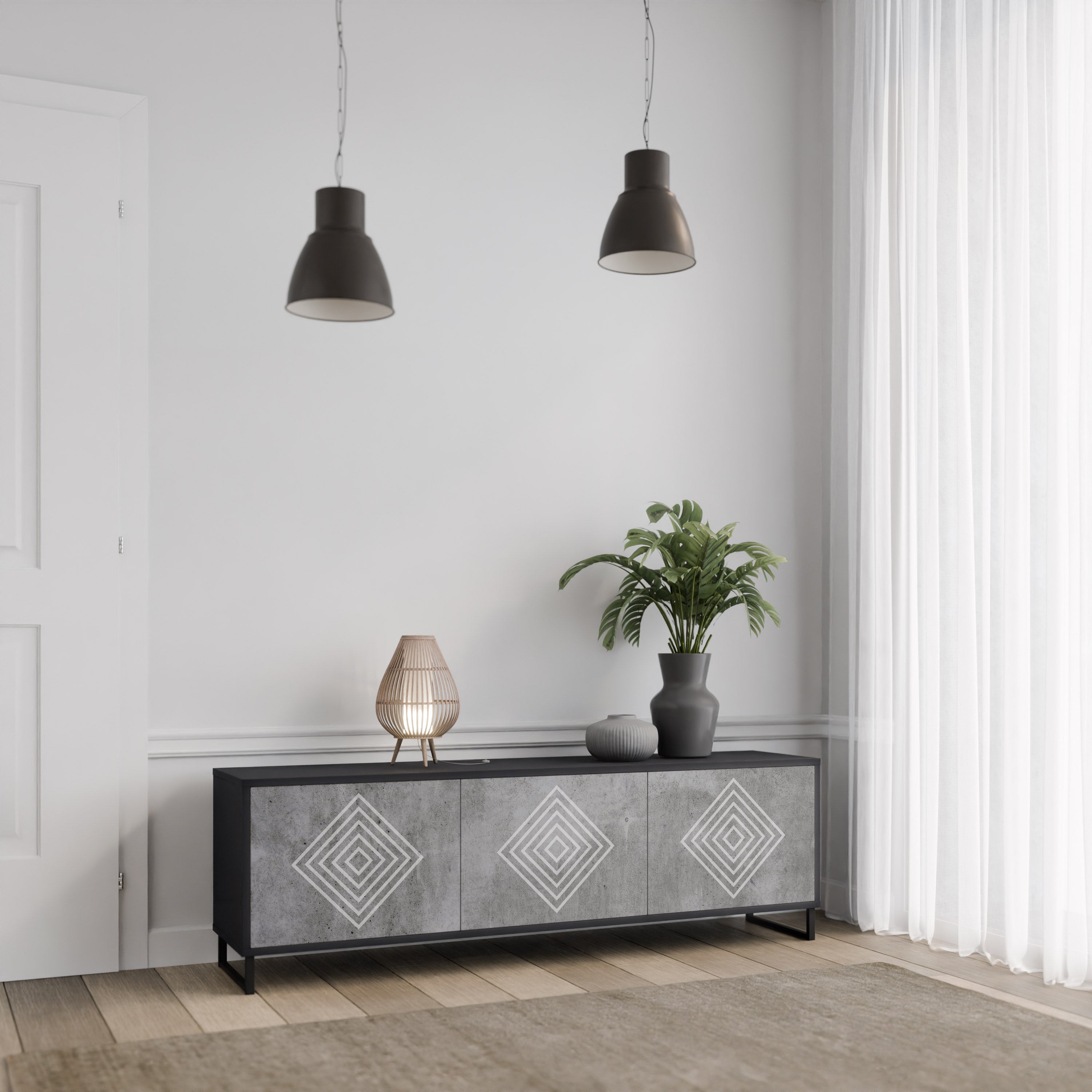 POLYGONAL ARTISTRY TV-Lowboard mit 3 Türen in Schwarz