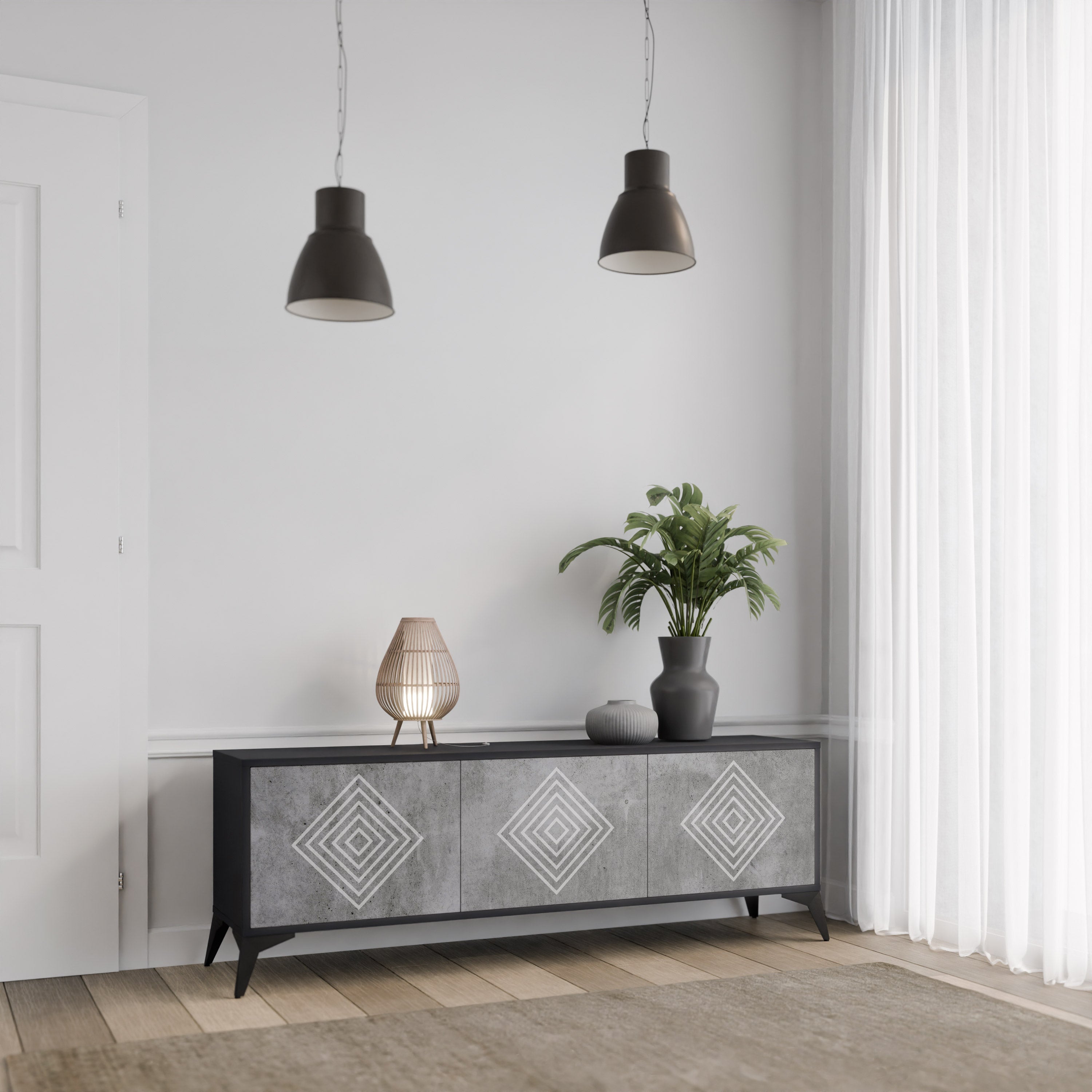 POLYGONAL ARTISTRY TV-Lowboard mit 3 Türen in Schwarz