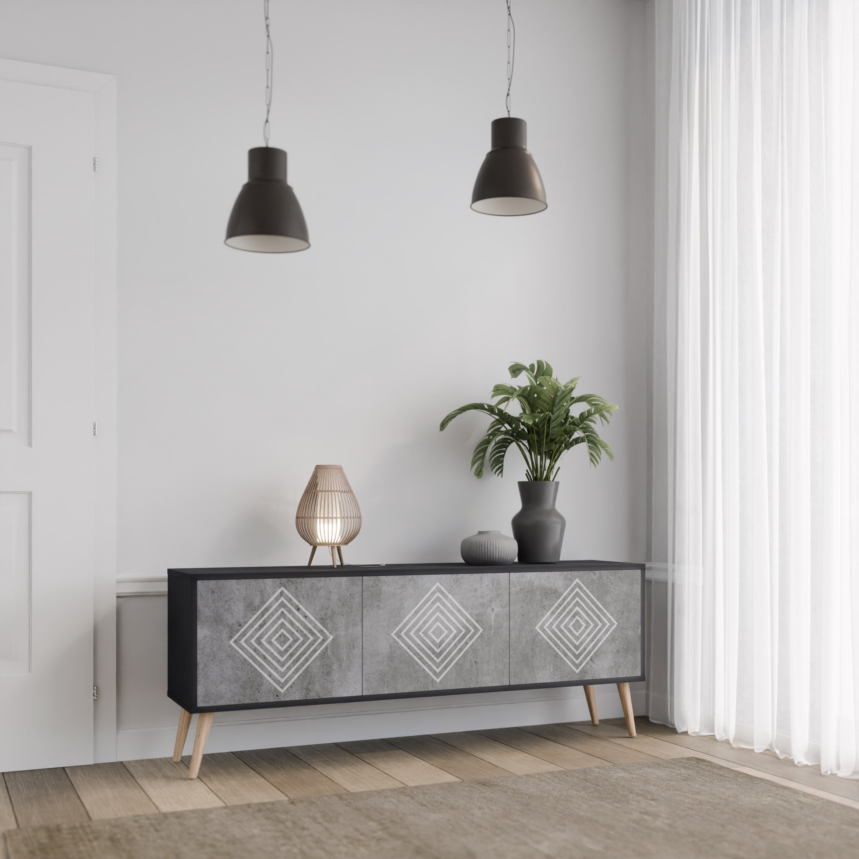 POLYGONAL ARTISTRY TV-Lowboard mit 3 Türen in Schwarz