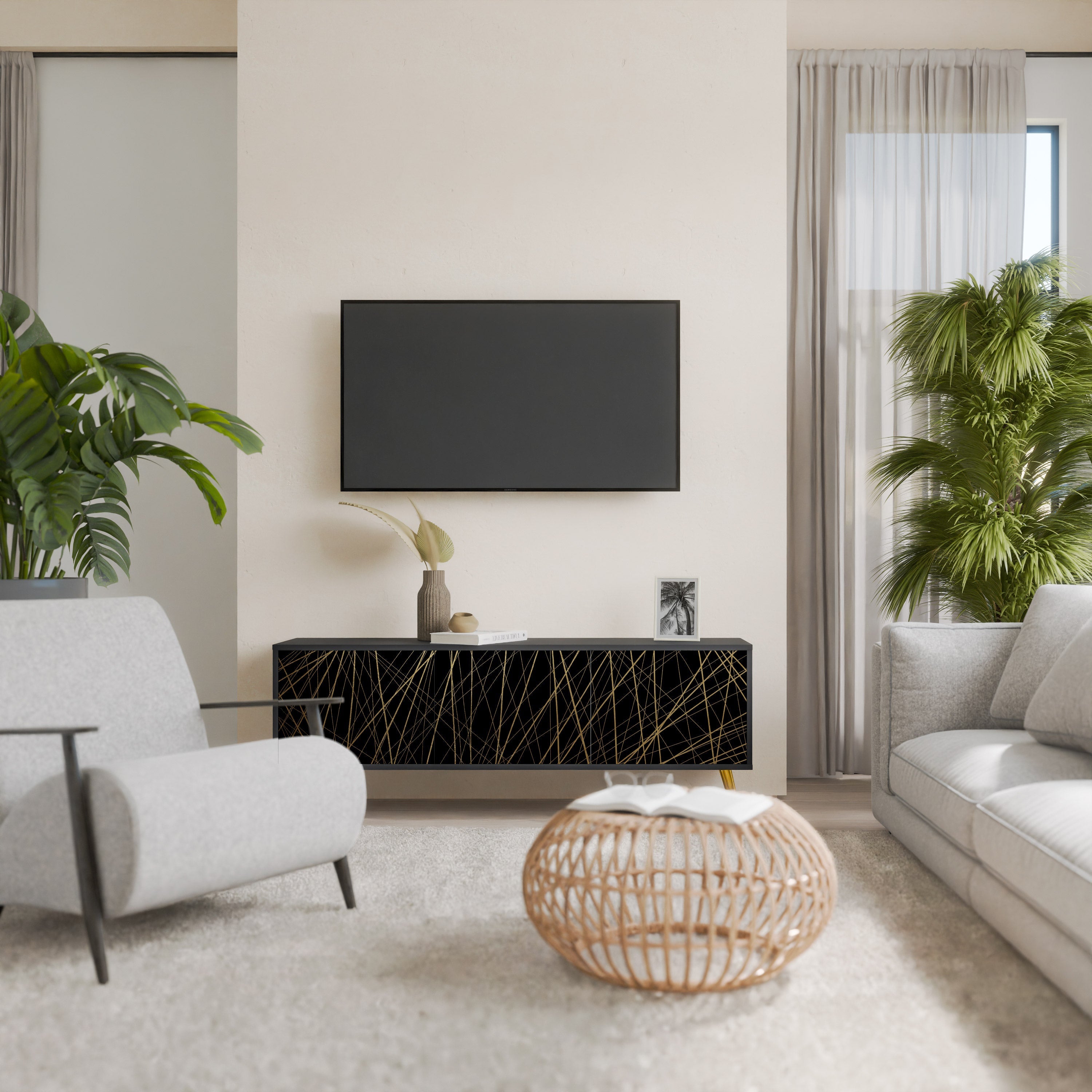 BRIGHT MESH TV-Lowboard mit 3 Türen in Schwarz