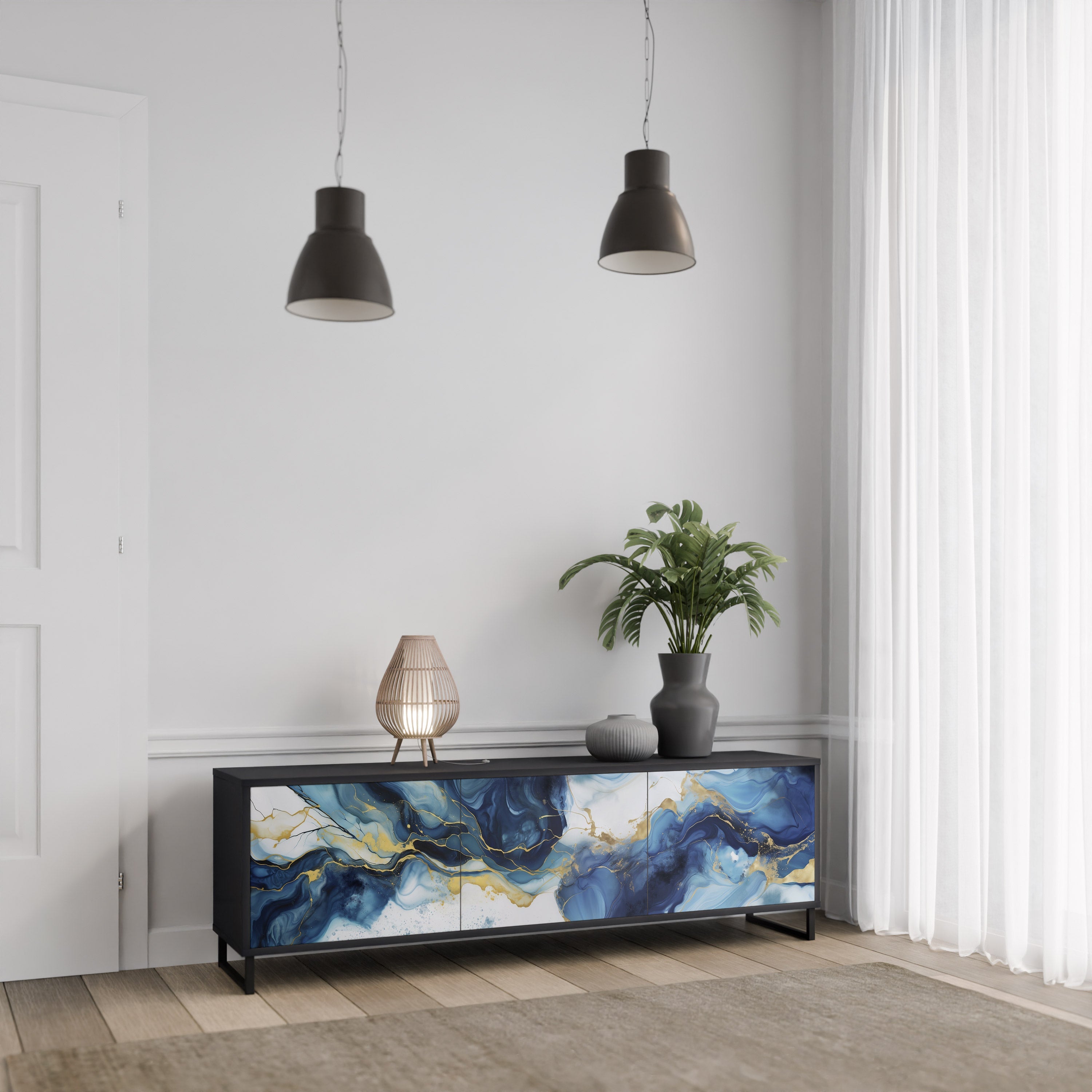 INKY MARBLE TV-Lowboard mit 3 Türen in Schwarz