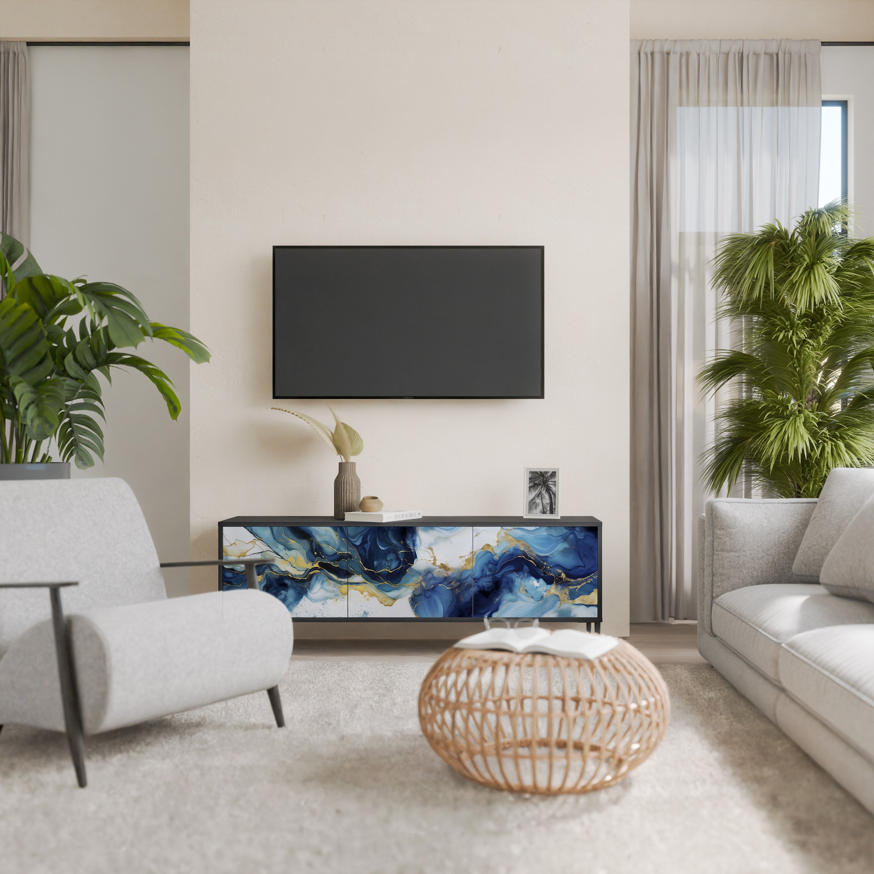 INKY MARBLE TV-Lowboard mit 3 Türen in Schwarz