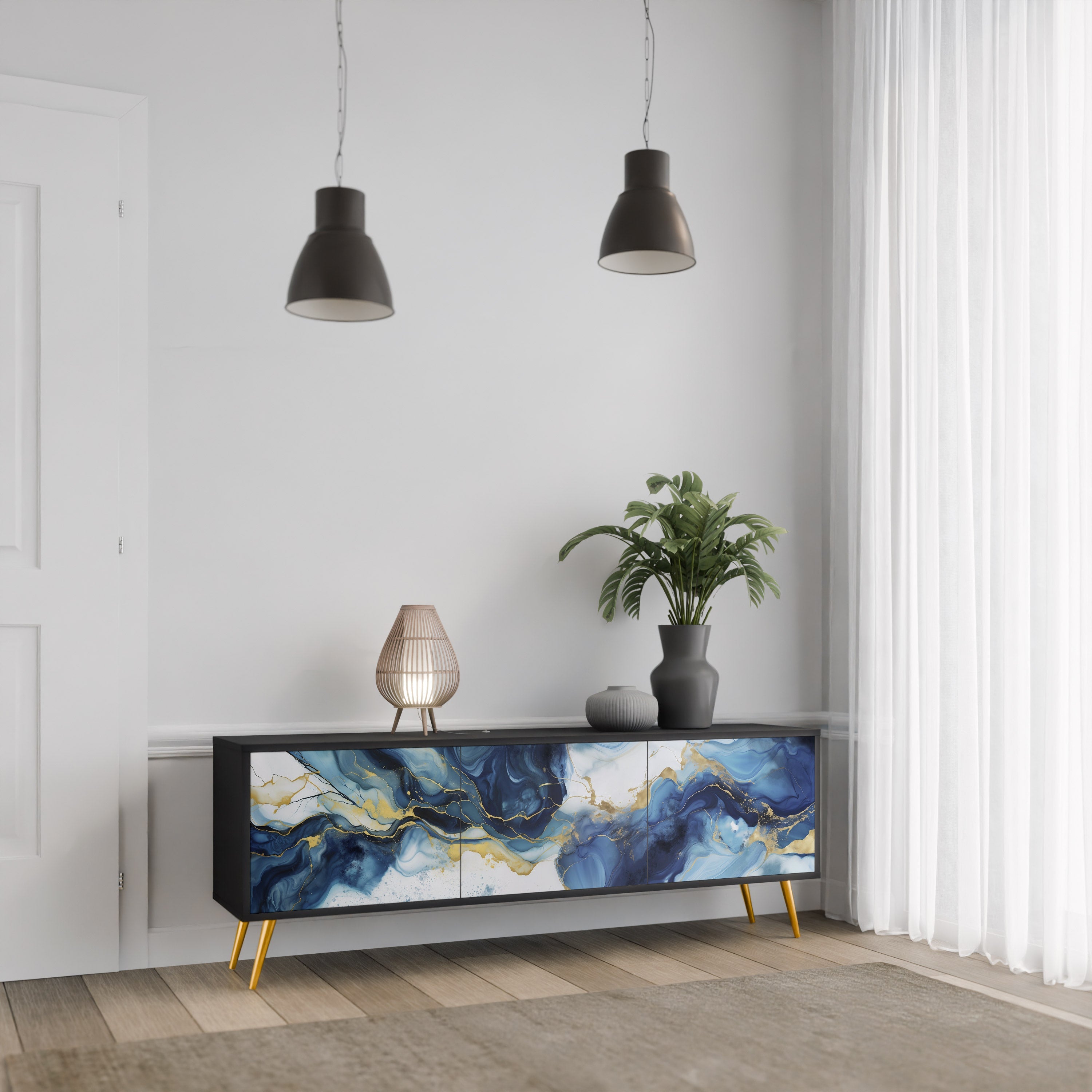 INKY MARBLE TV-Lowboard mit 3 Türen in Schwarz