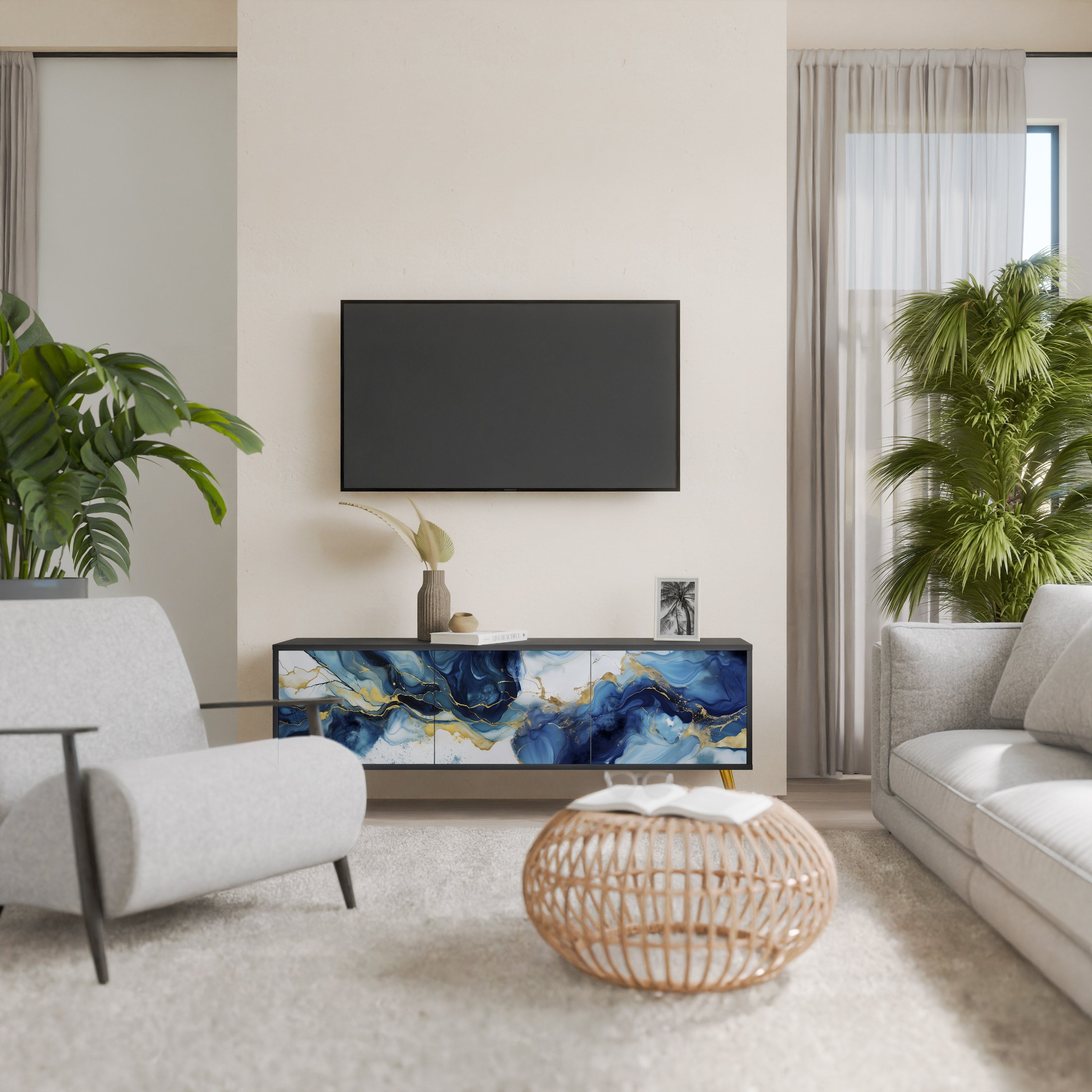 INKY MARBLE TV-Lowboard mit 3 Türen in Schwarz