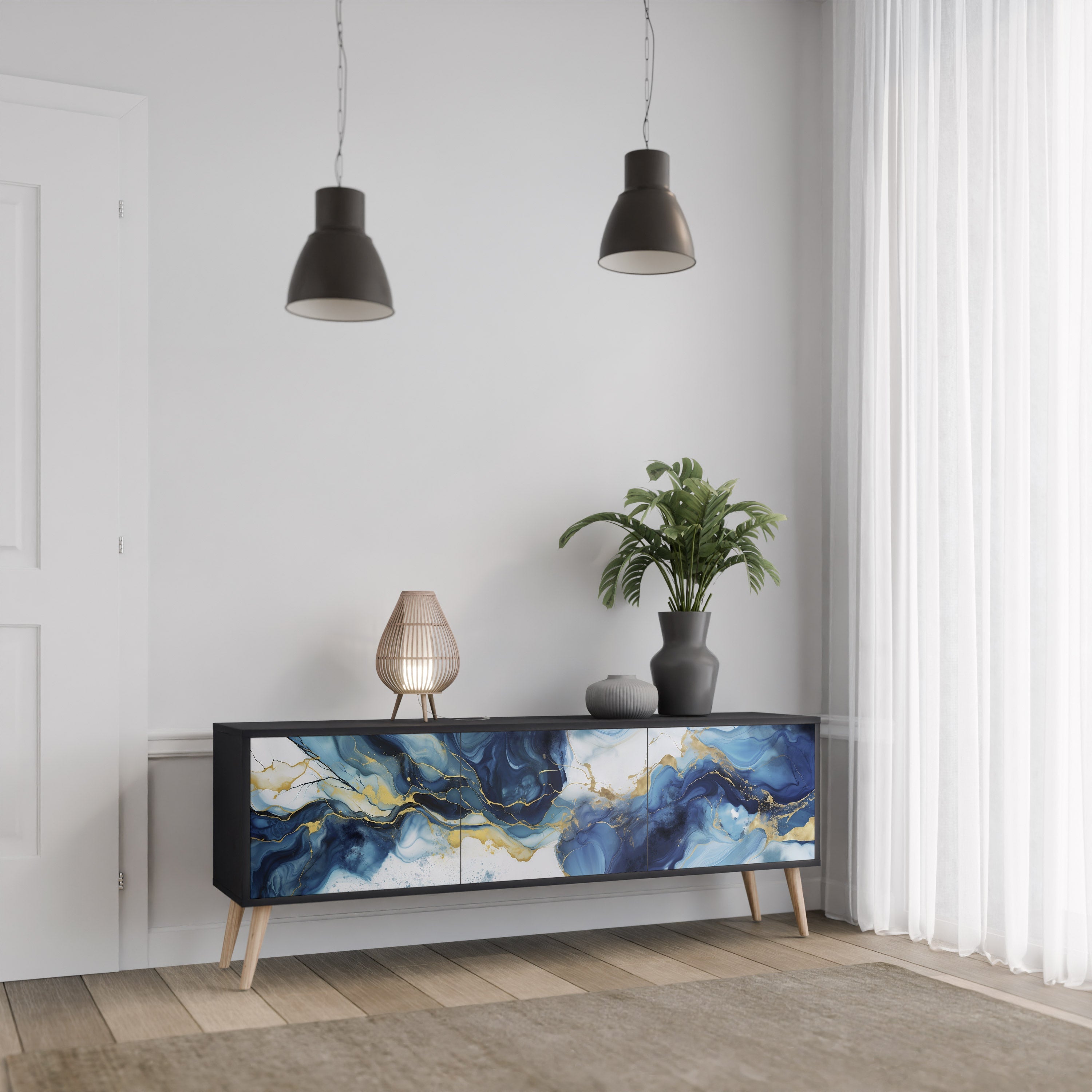 INKY MARBLE TV-Lowboard mit 3 Türen in Schwarz