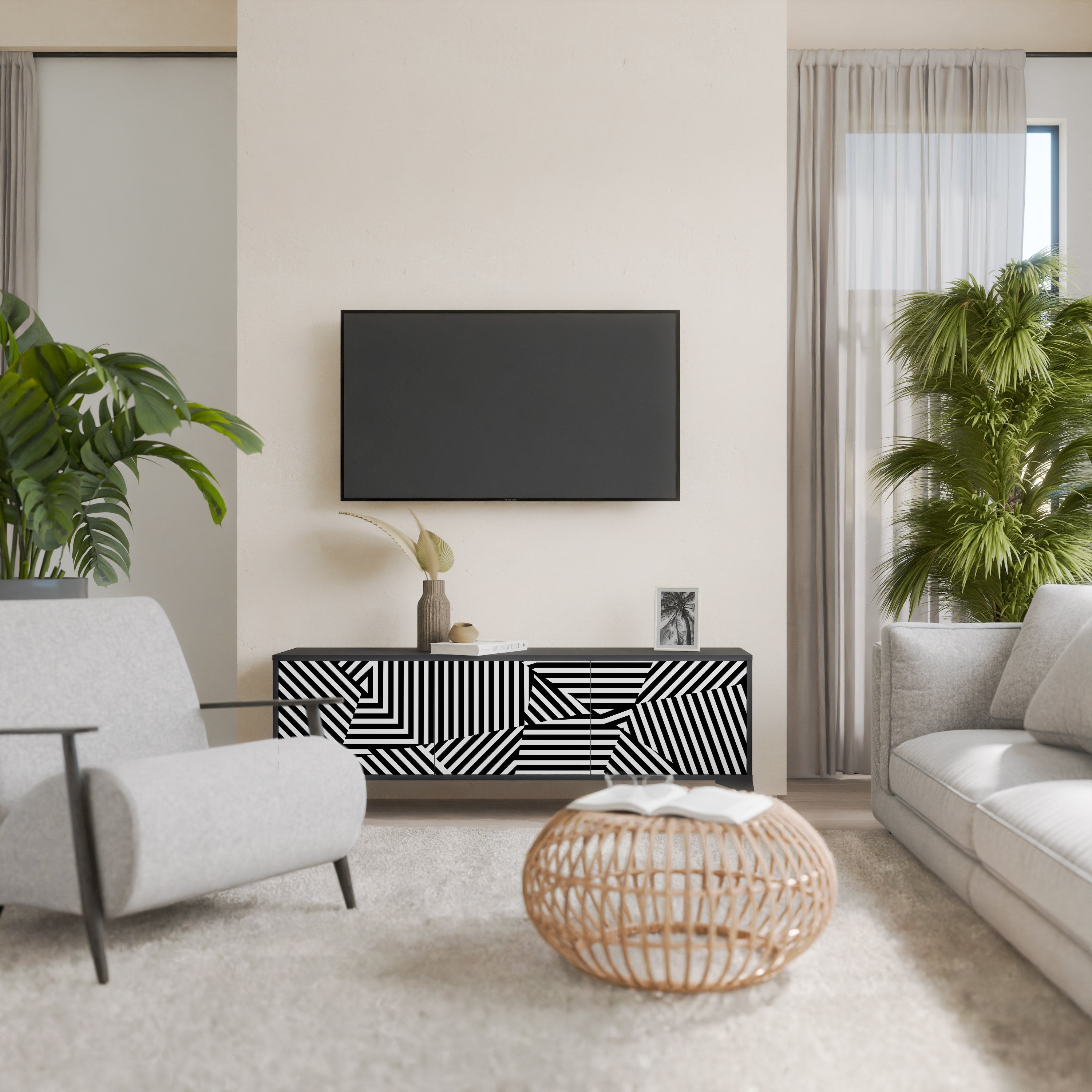 ILLUSIONARY LATTICE TV-Lowboard mit 3 Türen in Schwarz