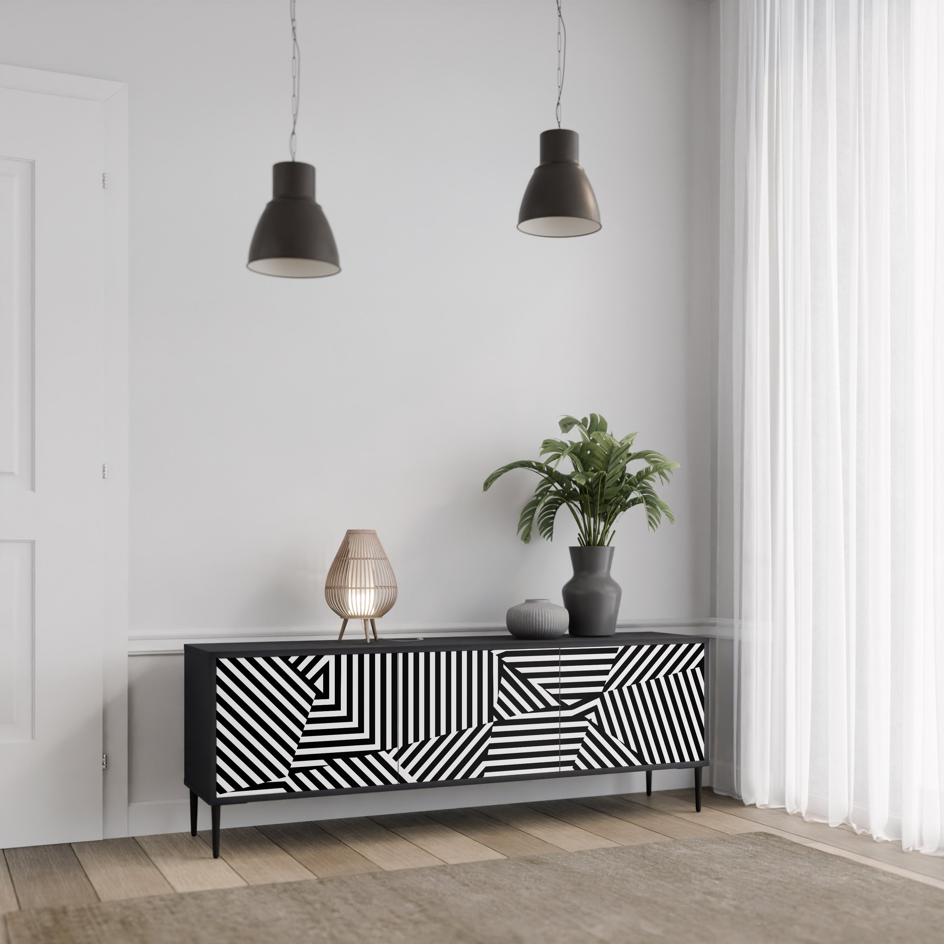 ILLUSIONARY LATTICE TV-Lowboard mit 3 Türen in Schwarz