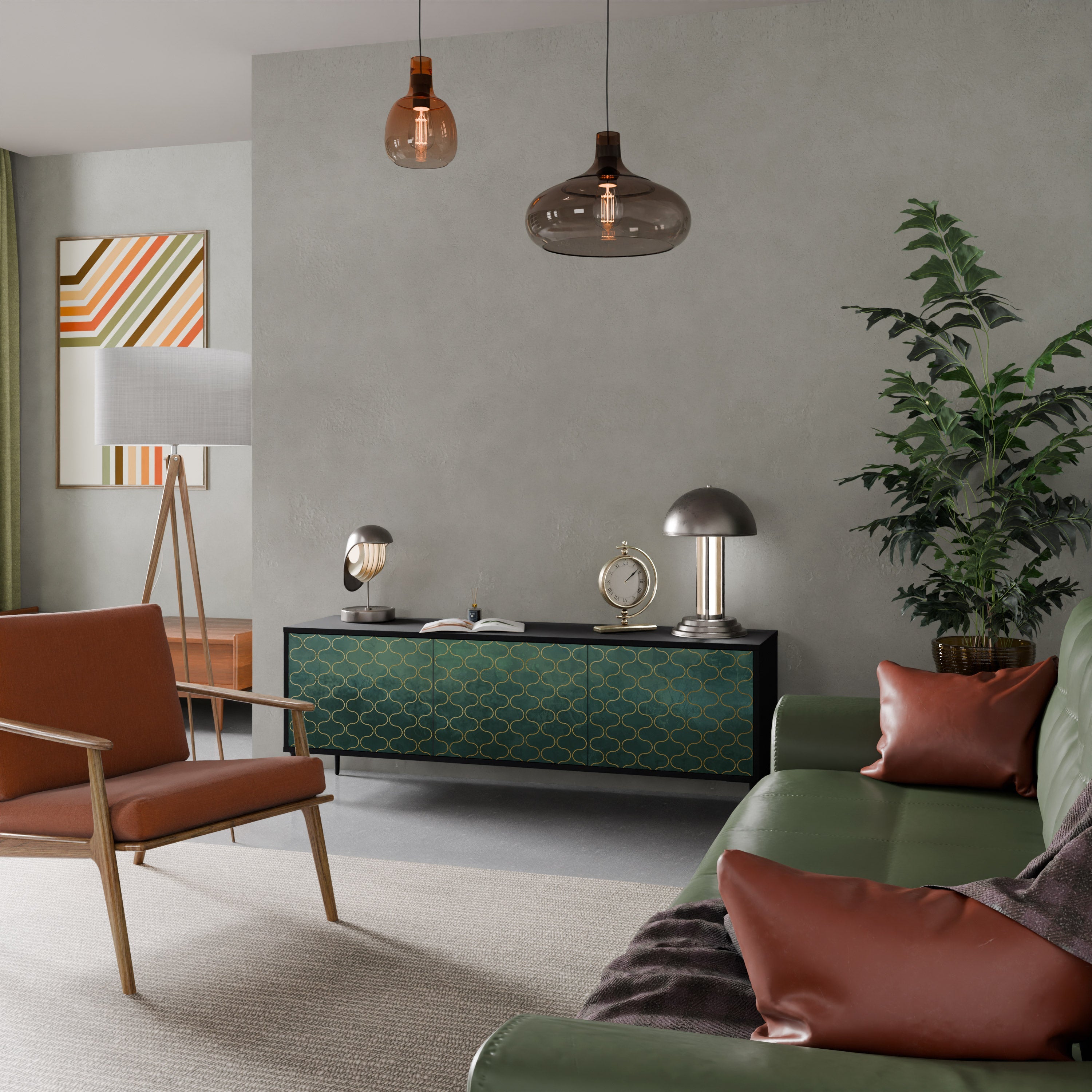 TESSELATED GREENERY TV-Lowboard mit 3 Türen in Schwarz