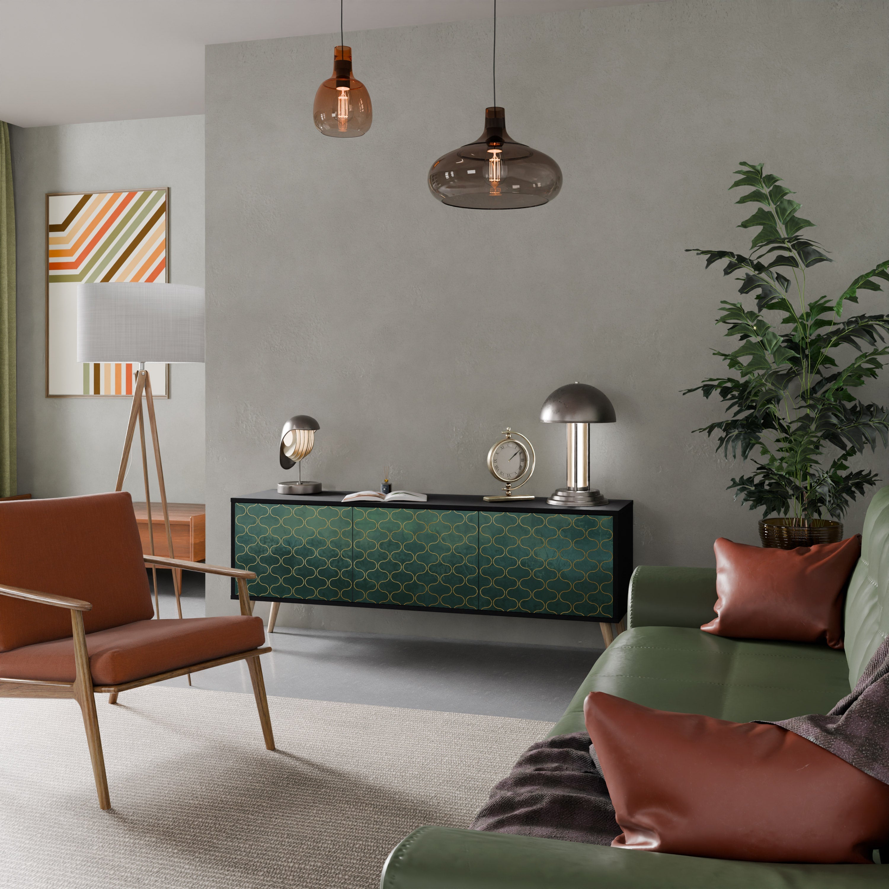 TESSELATED GREENERY TV-Lowboard mit 3 Türen in Schwarz