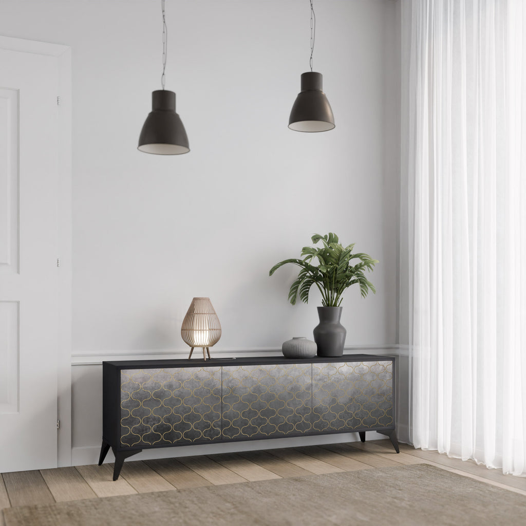 TESSELATED GRAYISH TV-Lowboard mit 3 Türen in Schwarz