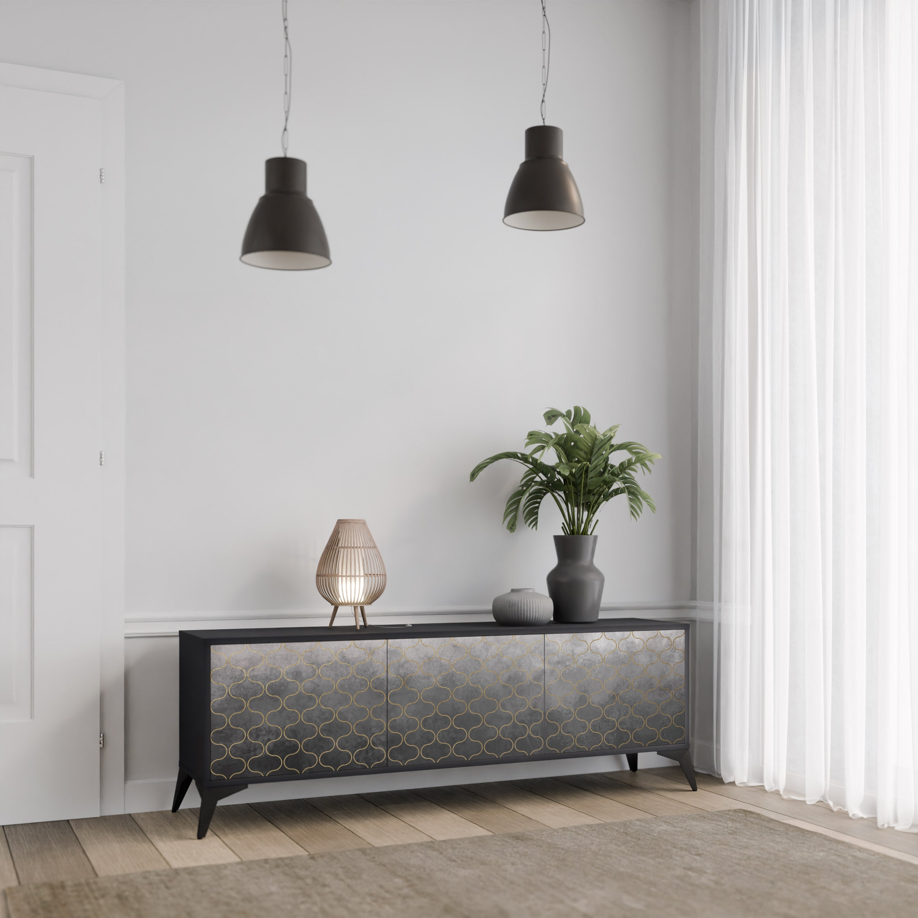 TESSELATED GRAYISH TV-Lowboard mit 3 Türen in Schwarz