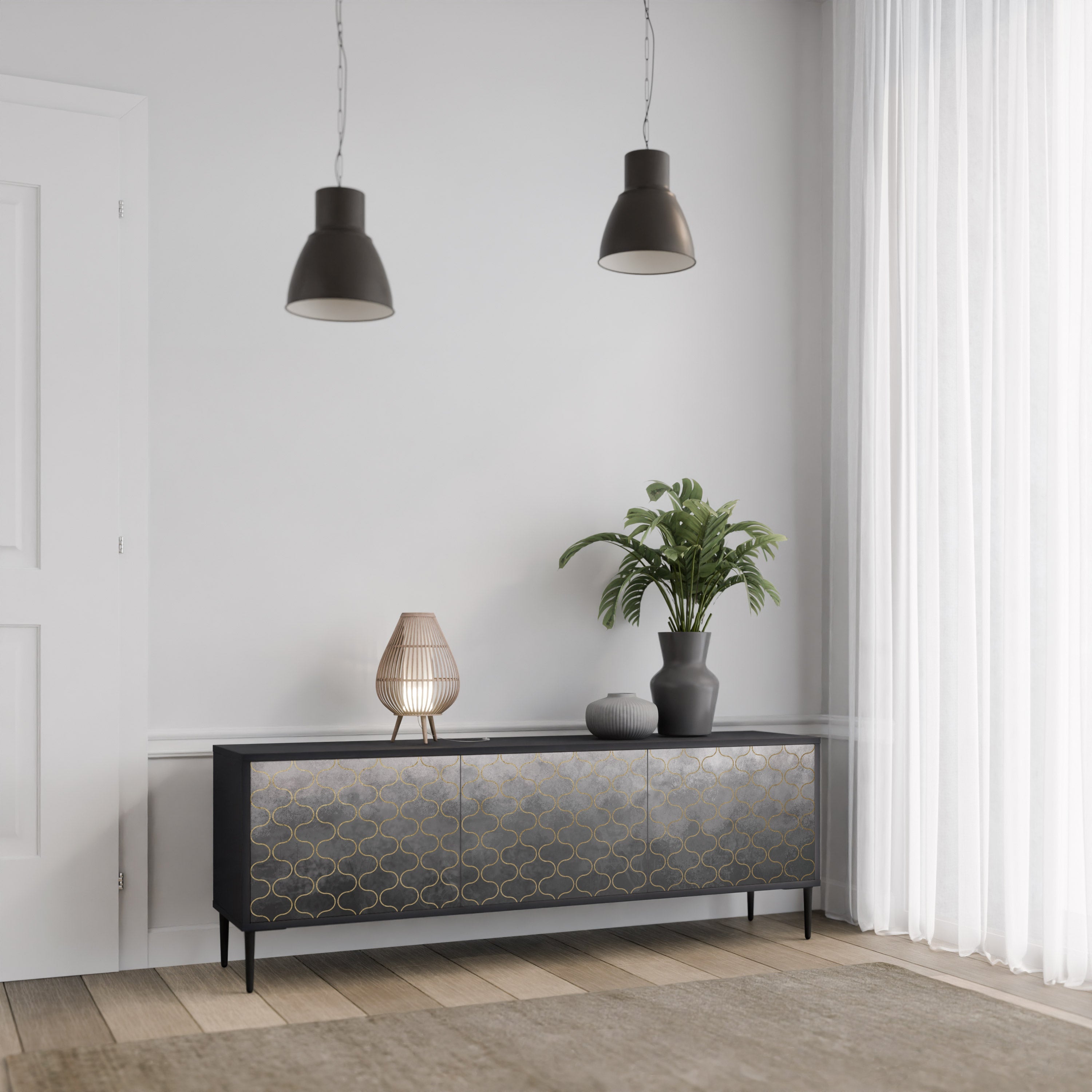 TESSELATED GRAYISH TV-Lowboard mit 3 Türen in Schwarz